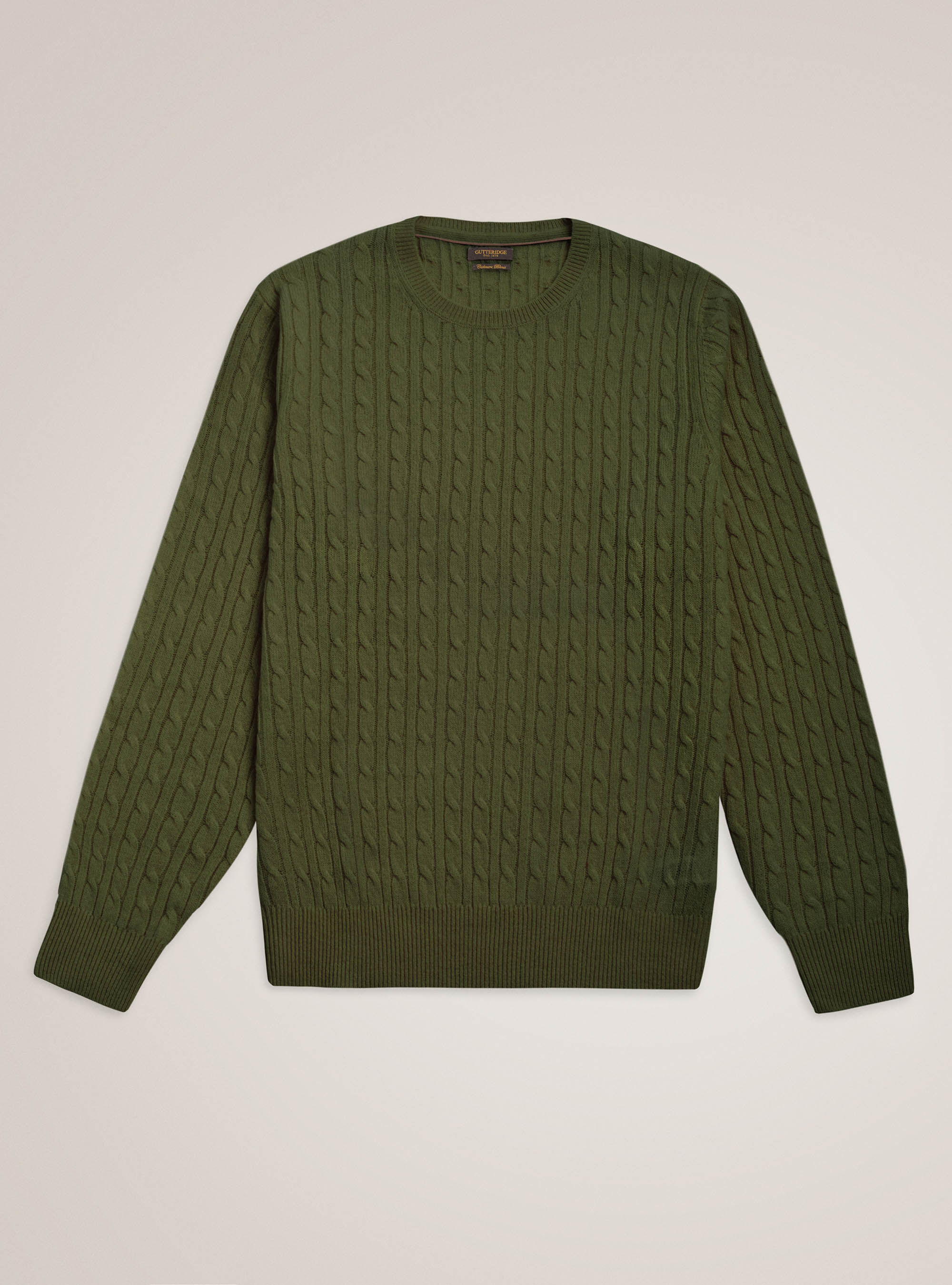 Maglia girocollo in lana lambswool e cashmere con trecce, OLIVA