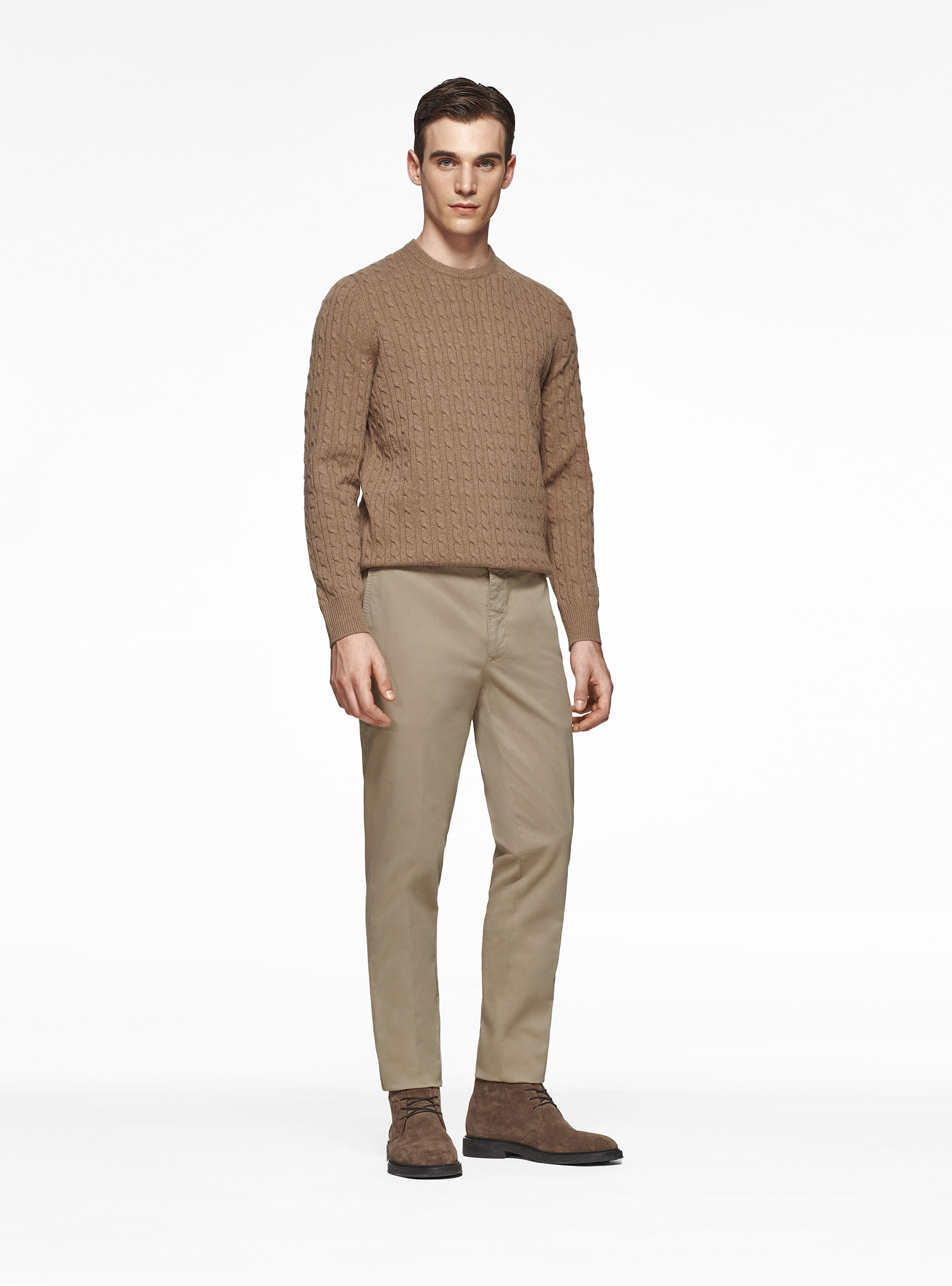 Maglia girocollo con treccia in lana e cashmere, CAMMELLO 0570C