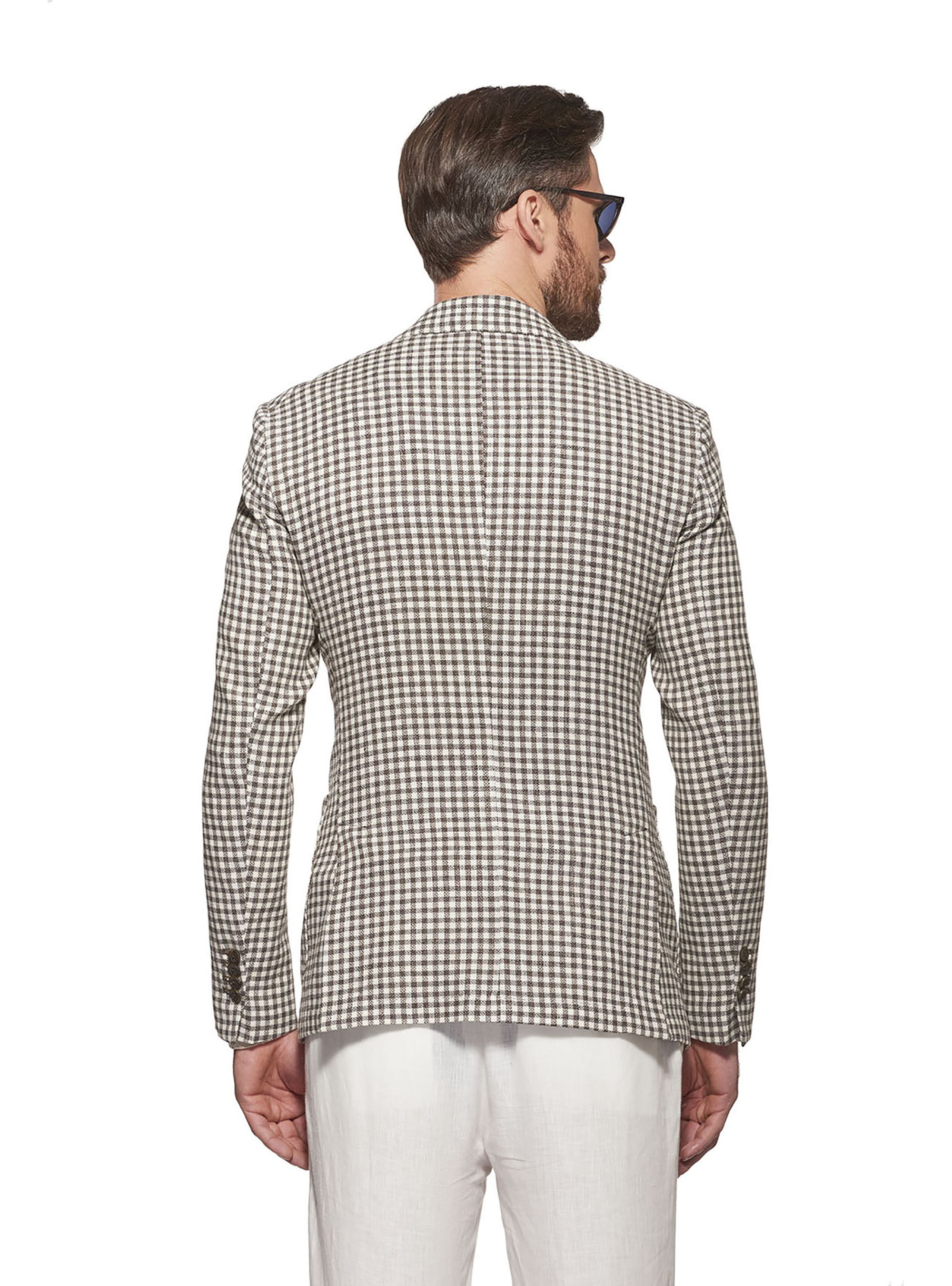 Giacca a quadretti in lana lino e cotone, MARRONE