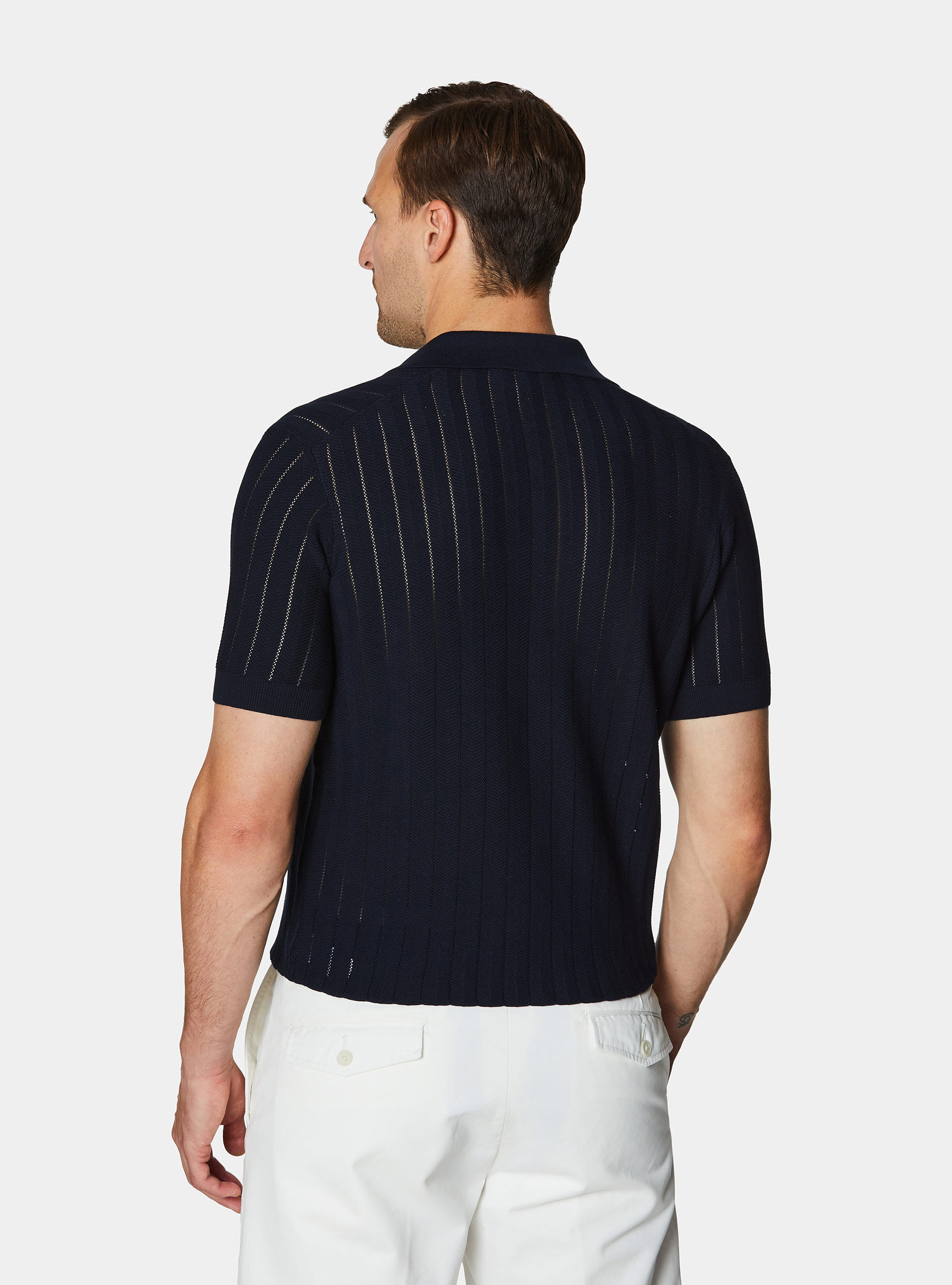 Polo traforata in cotone spigato, BLU NAVY
