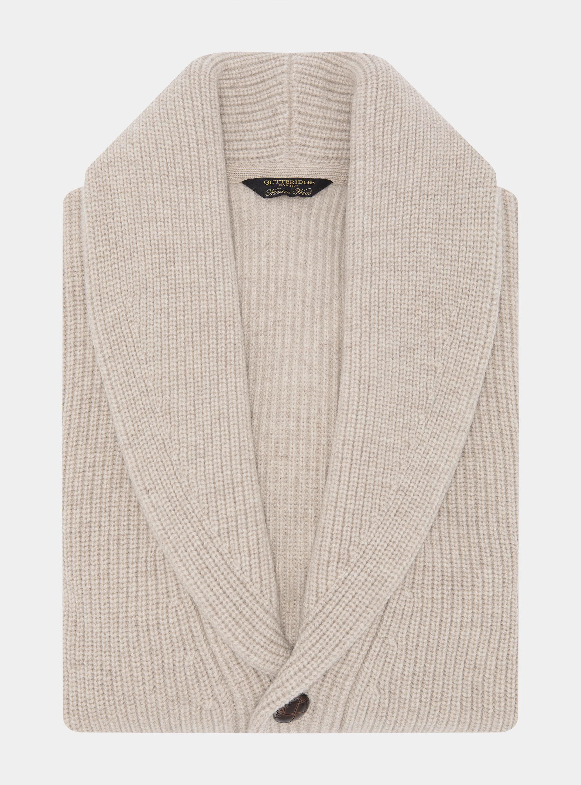 Merino wool shawl collar cardigan, ECRU