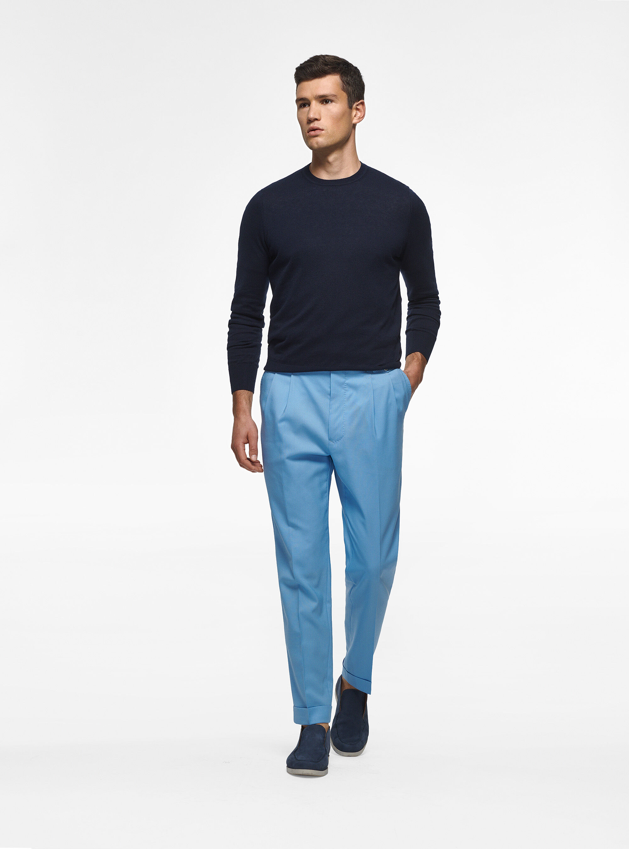Maglia girocollo in cotone seta e cashmere, BLU NAVY