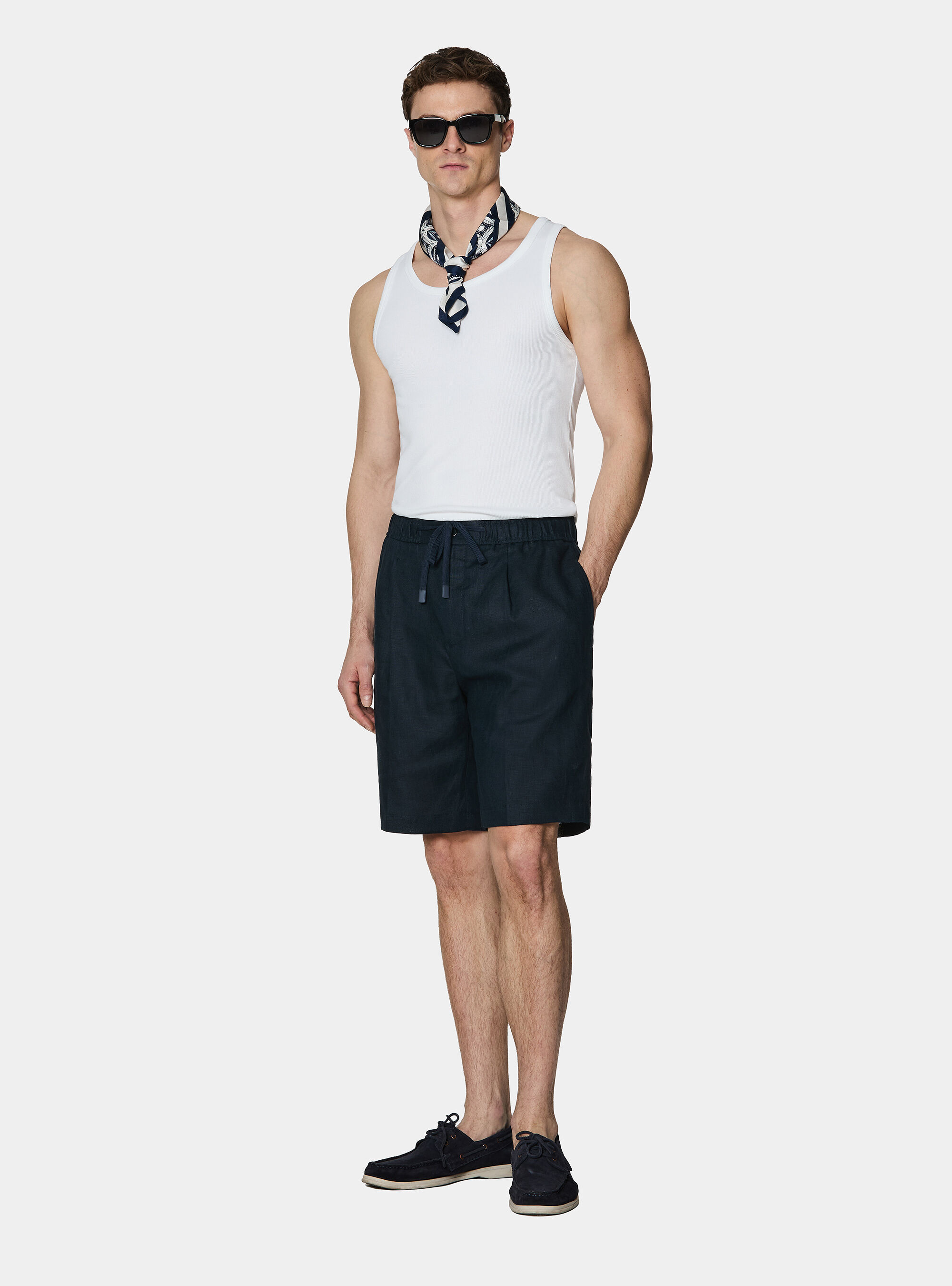 Bermuda in lino con coulisse, BLU NAVY