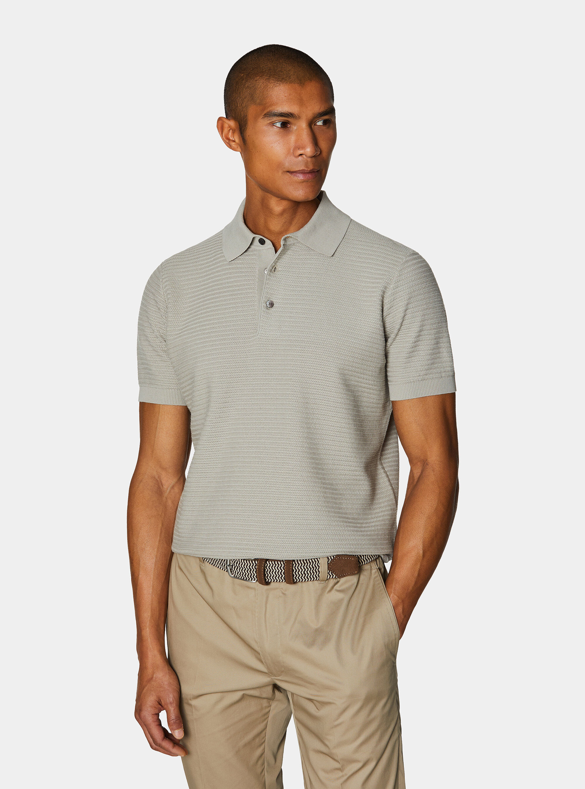 Textured cotton knit polo shirt, SAND