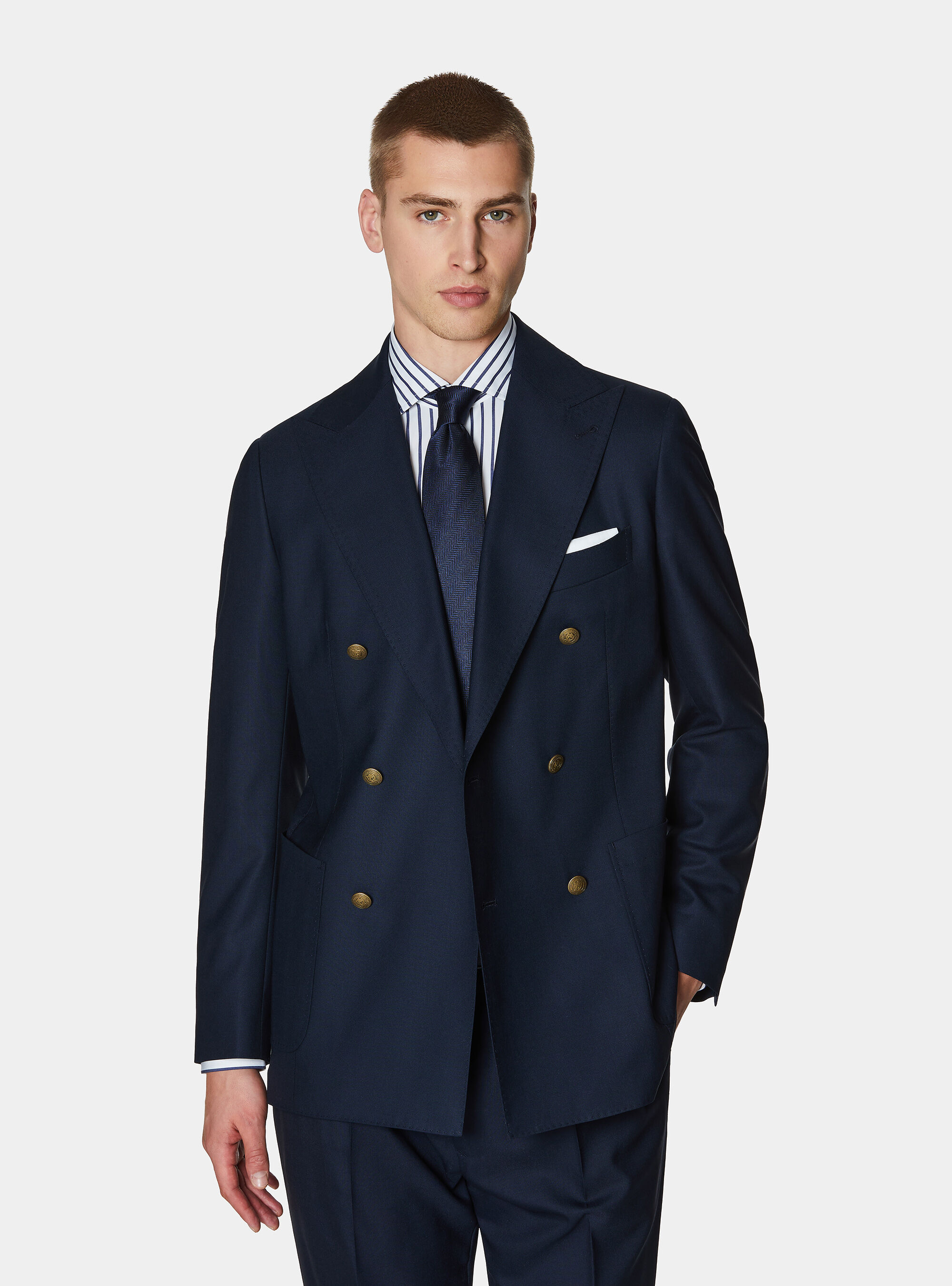 Veste crois&eacute;e en pure laine avec boutons m&eacute;talliques, BLEU