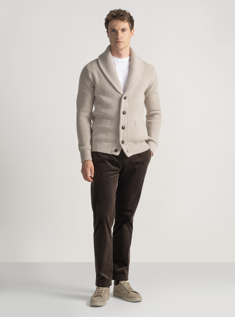 Cardigan in maglia sciallata in lana merino, ECRU Cardigan in maglia sciallata in lana merino