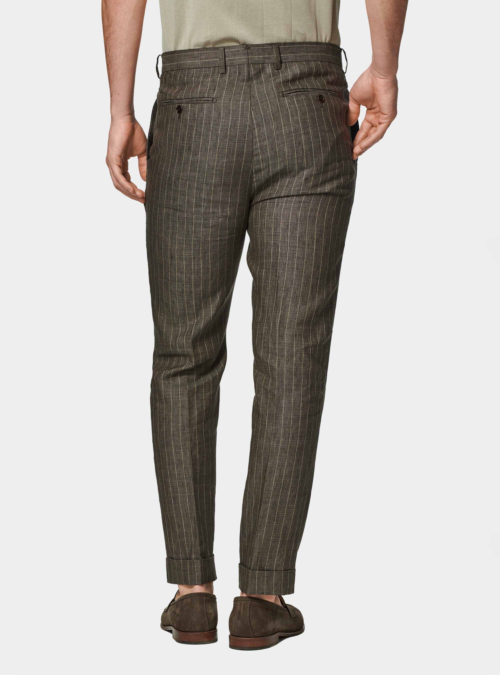 Pantal&oacute;n de traje a rayas con doble botonadura en lino delav&eacute;, MARRON