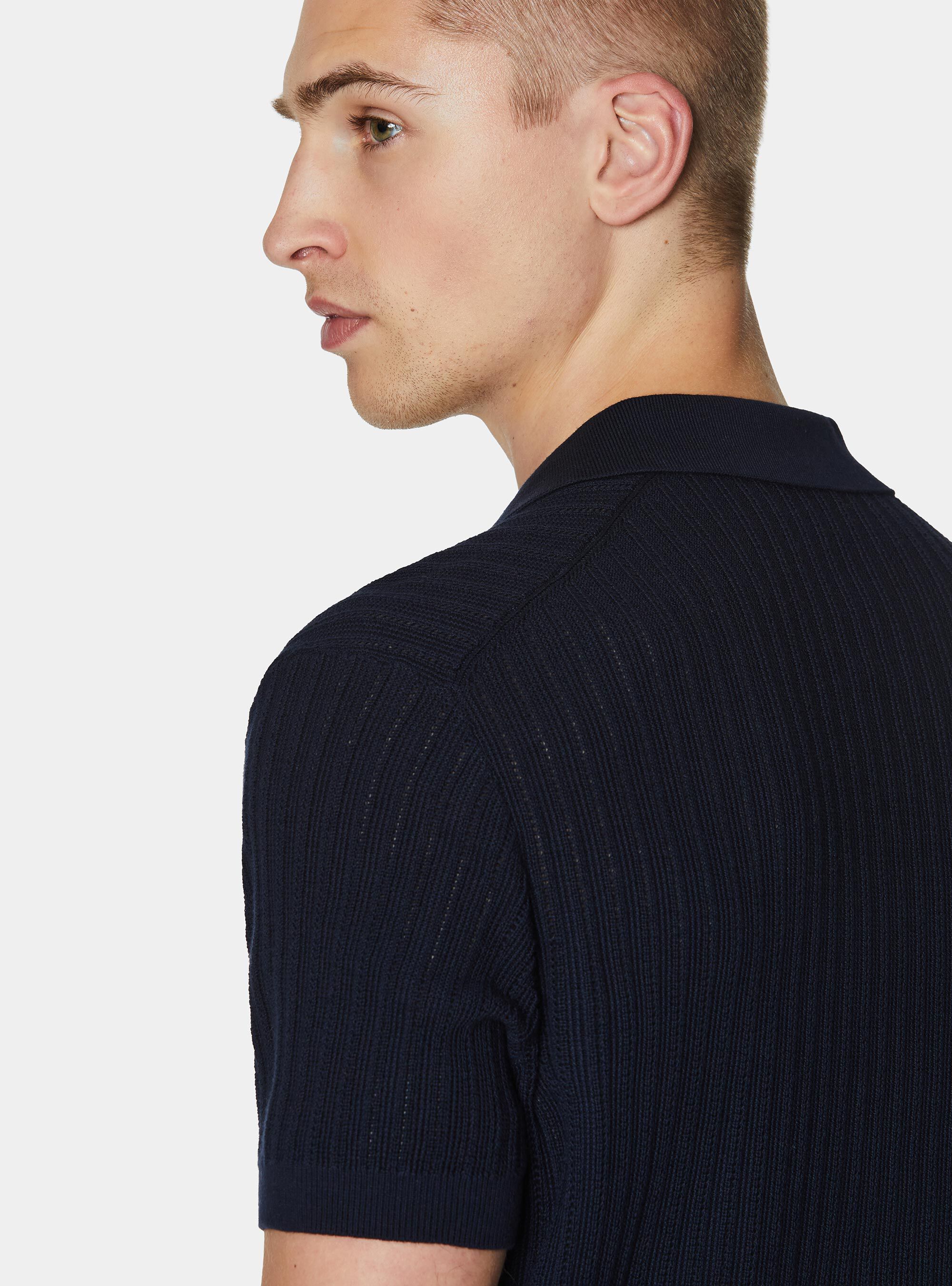 Polo in maglia traforata senza bottoni in cotone extrafine, BLU NAVY