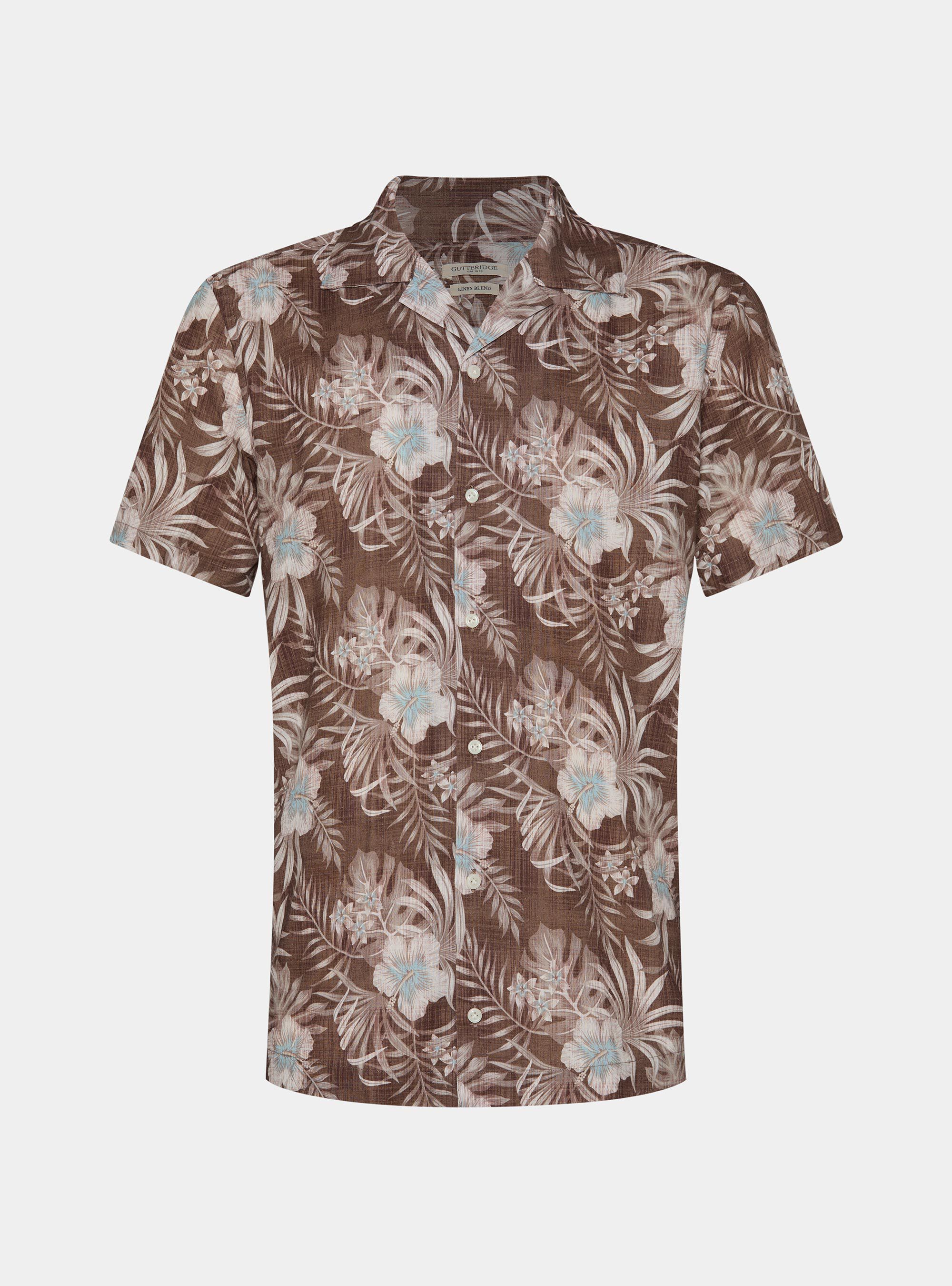 Printed linen and cotton bowling shirt, BROWN