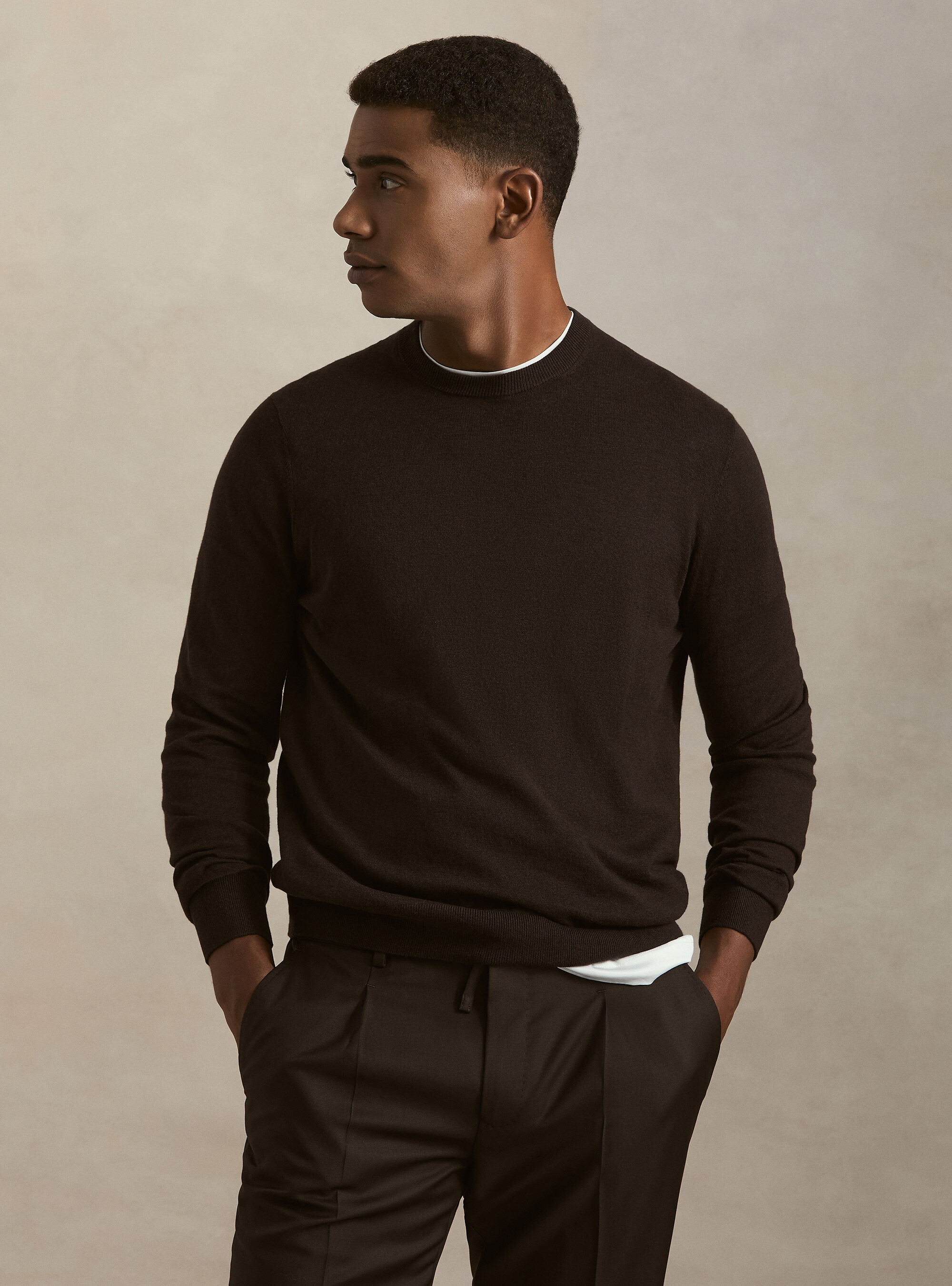 Maglia girocollo in cotone seta e cashmere, MARRONE