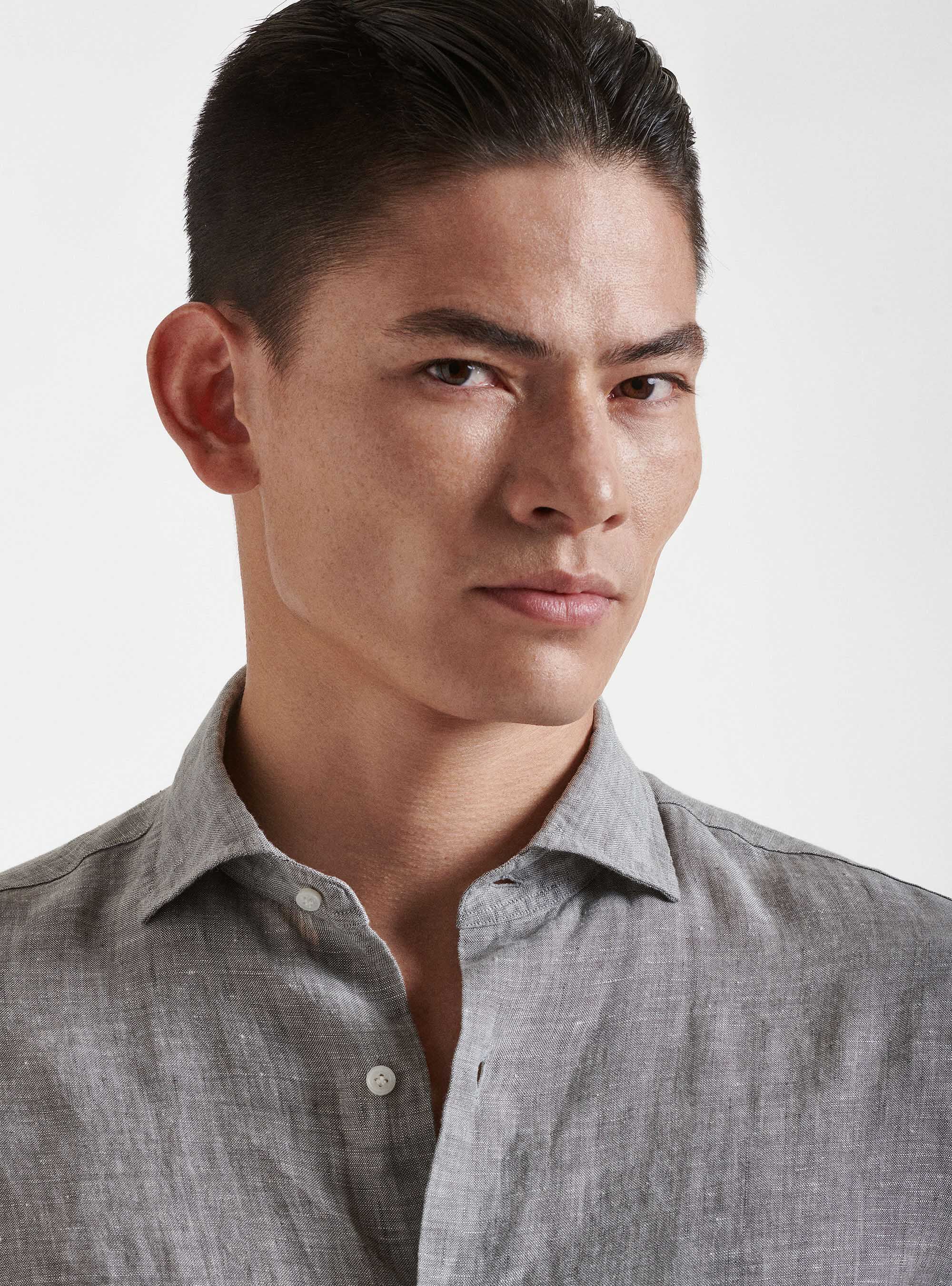 Camicia collo semi francese in puro lino, GRIGIO CHIARO MELANGE