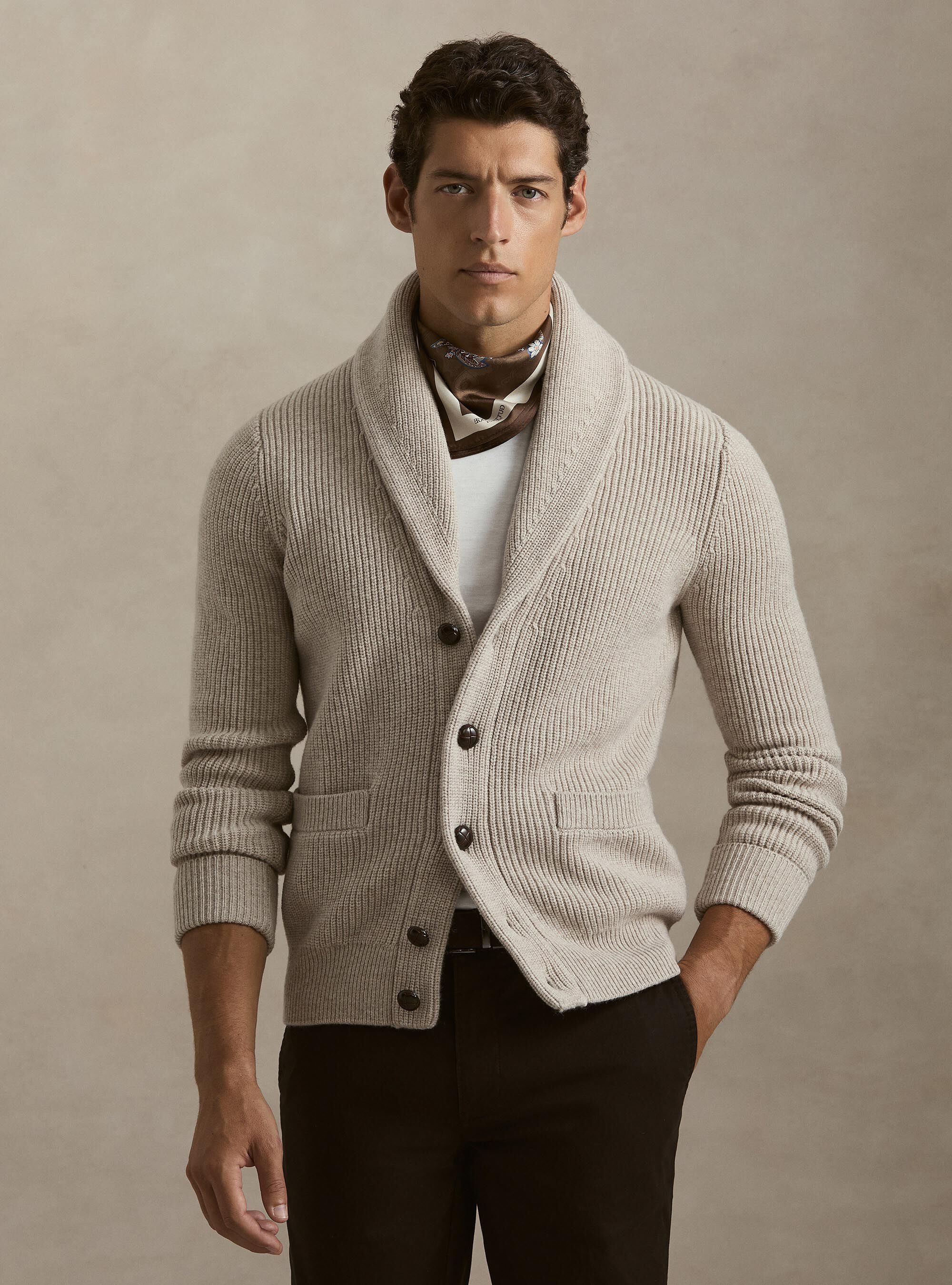 Merino wool shawl collar cardigan