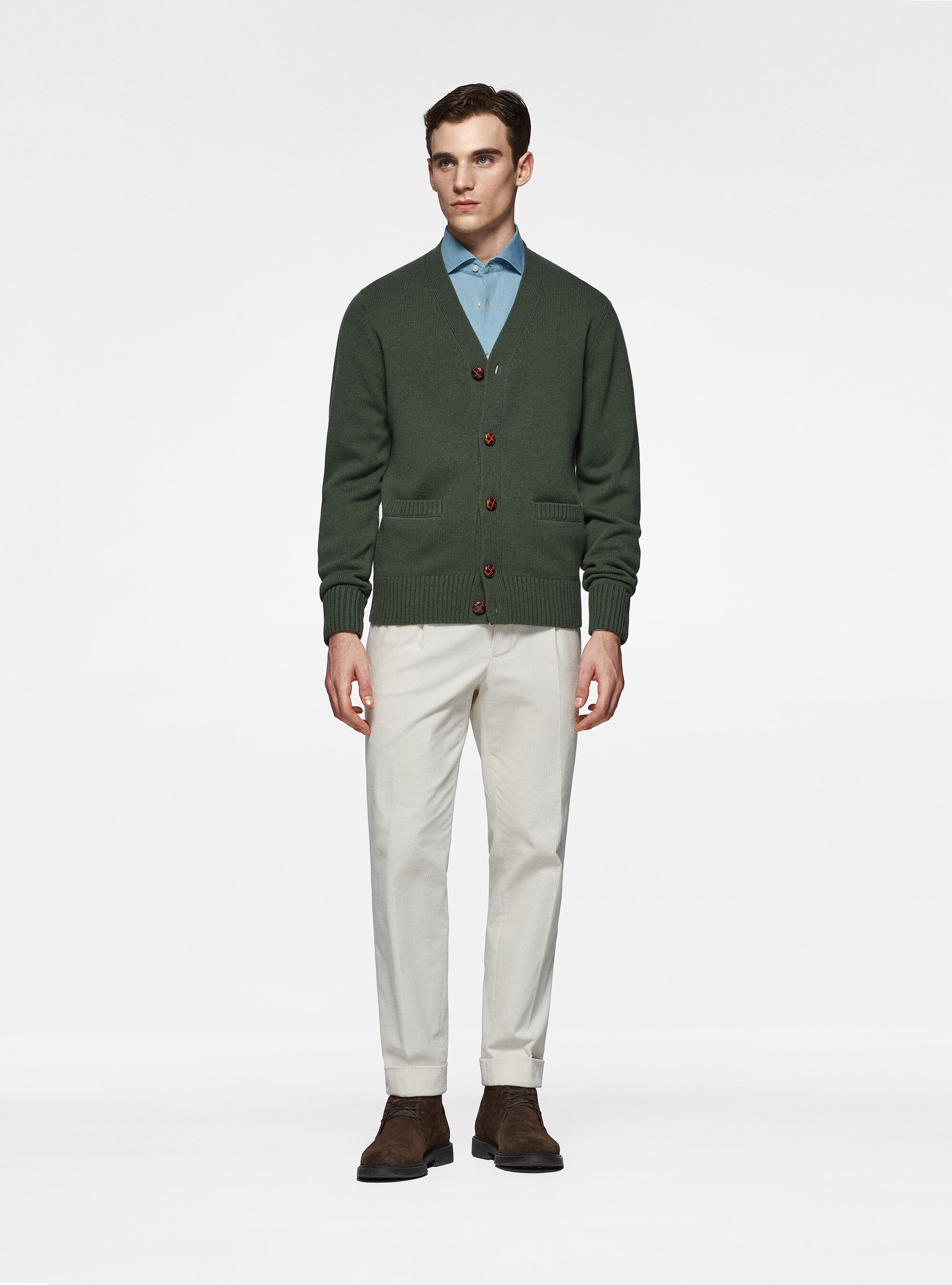 Knitted cardigan in lambswool, MILITARE 0609C