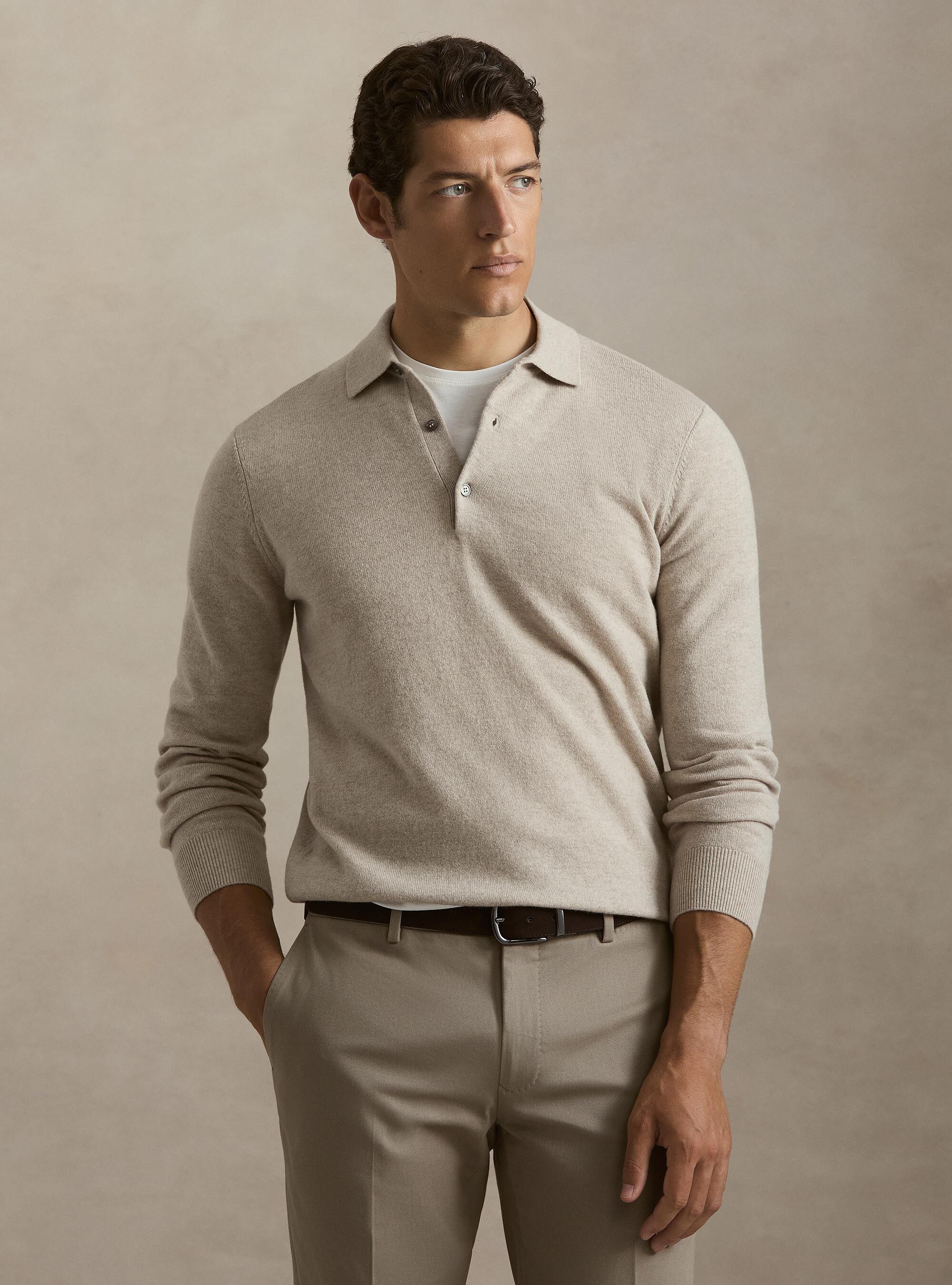 Maglia a polo in lana e cashmere, ECRU