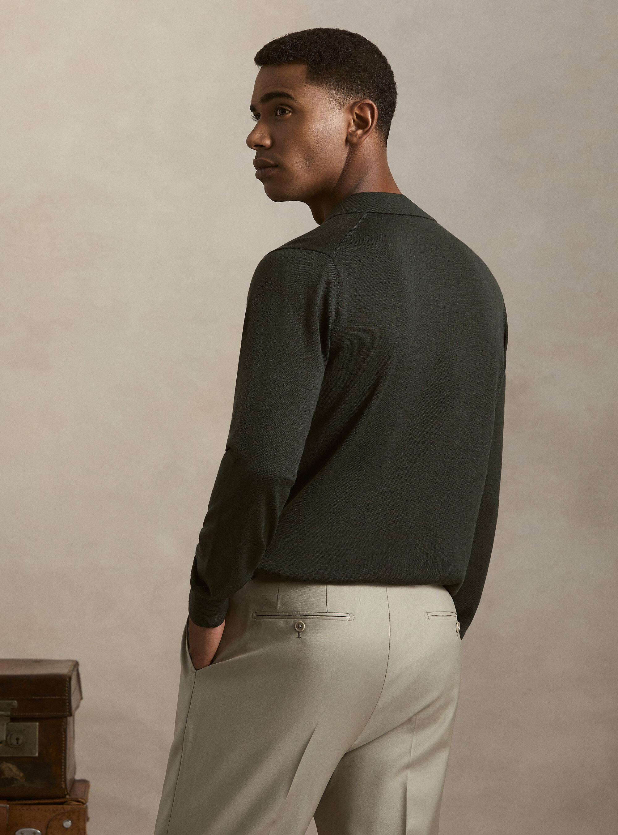 Polo collo senza bottoni in maglia lana merino, MILITARE 0609C