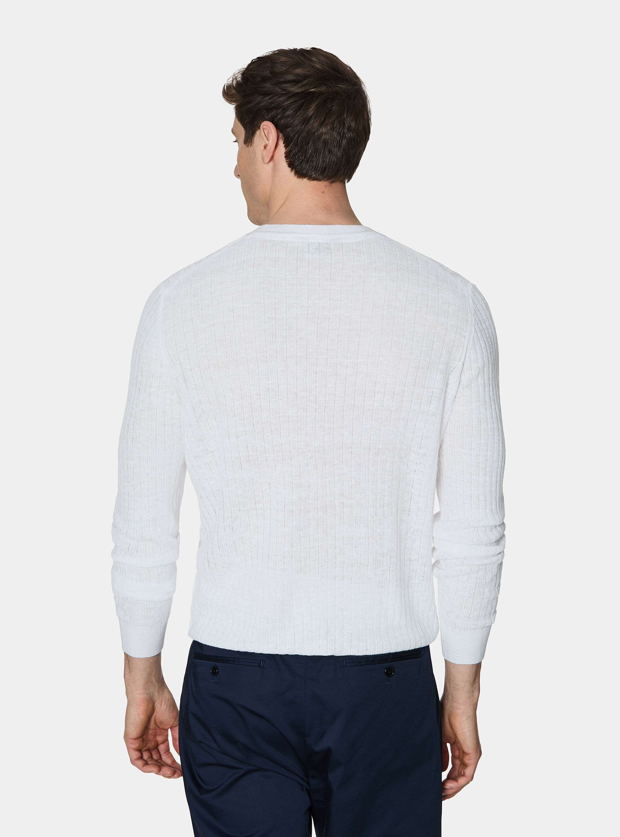 Maglia girocollo a costine in puro lino, BIANCO