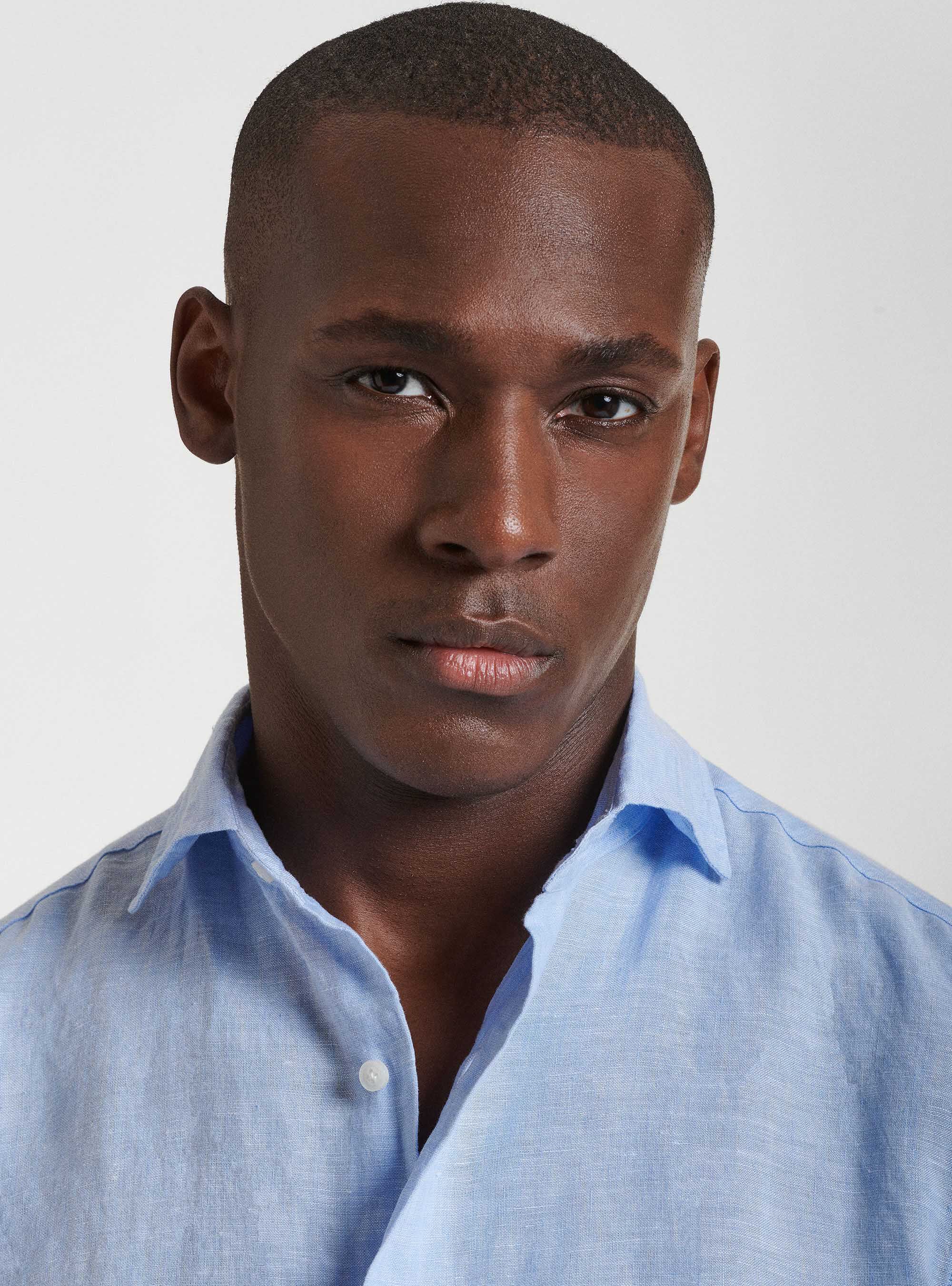 Camicia collo semi francese in puro lino, AZZURRO