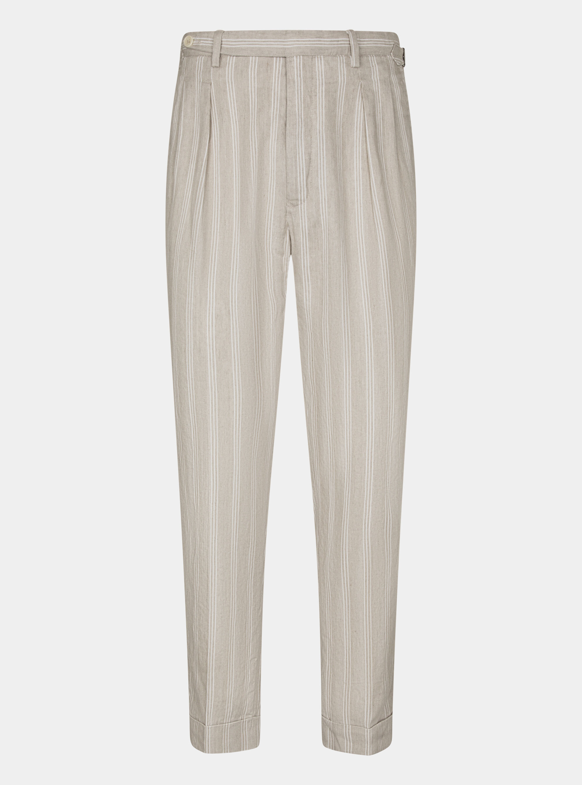 Linen and cotton double pleat trousers with strap, ECRU