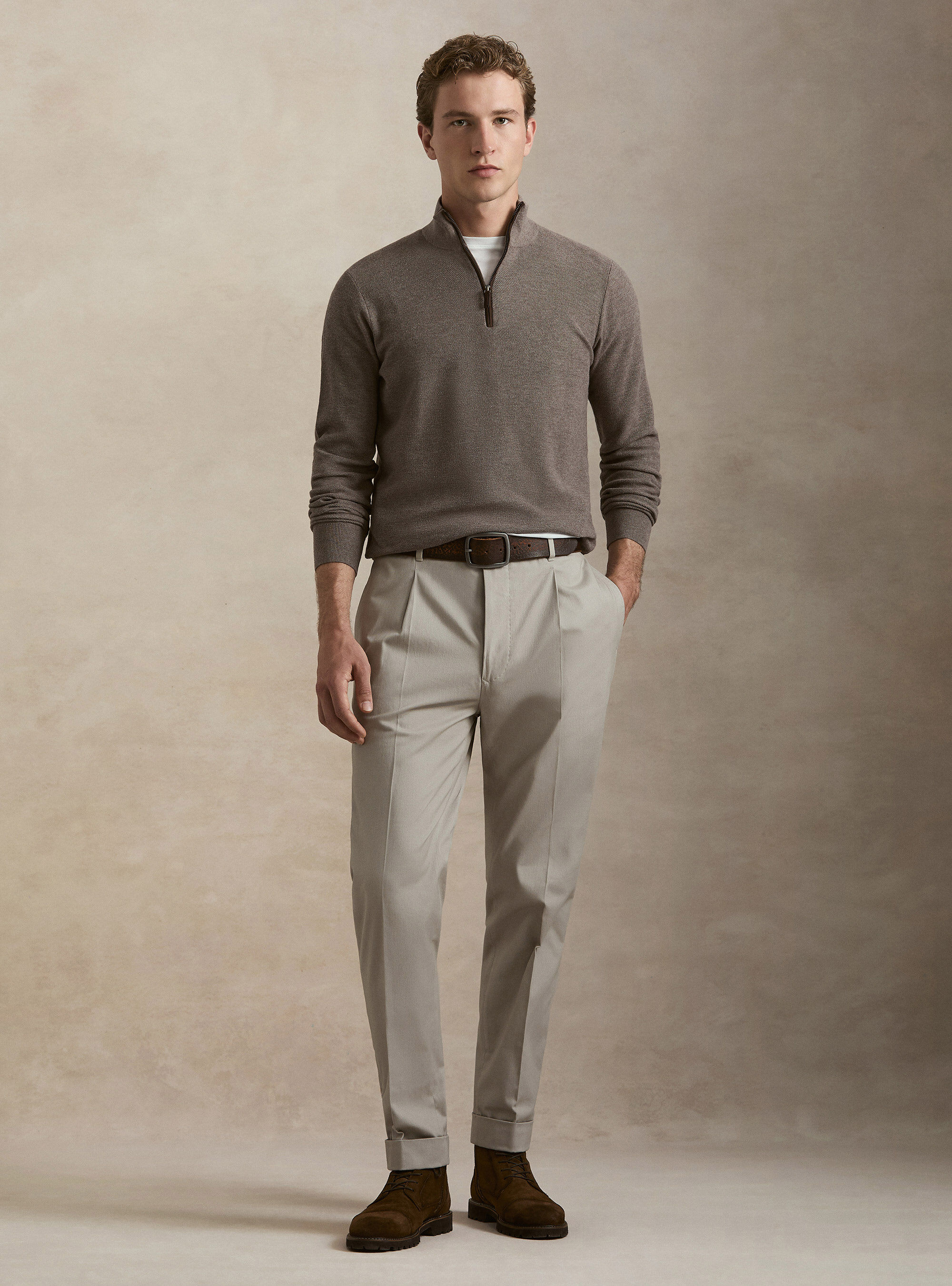 Maglia con mezza zip nido d'ape in cotone cashmere