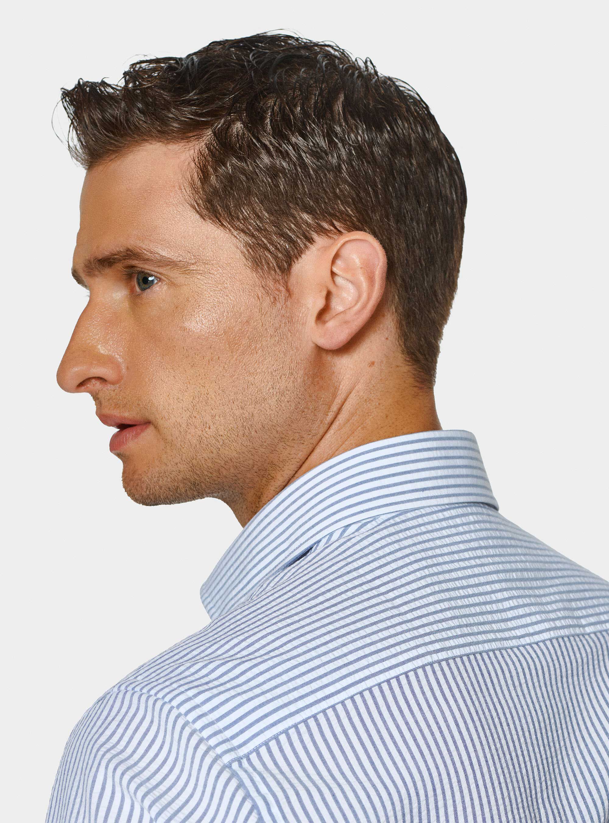 Camicia rigata in misto cotone seersucker, BLU