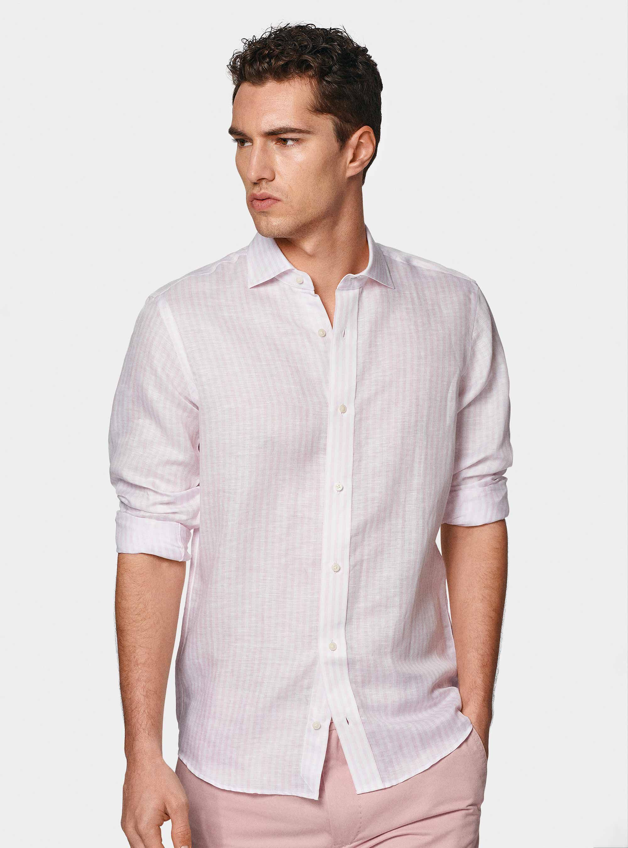 Camicia rigata in misto lino, ROSA