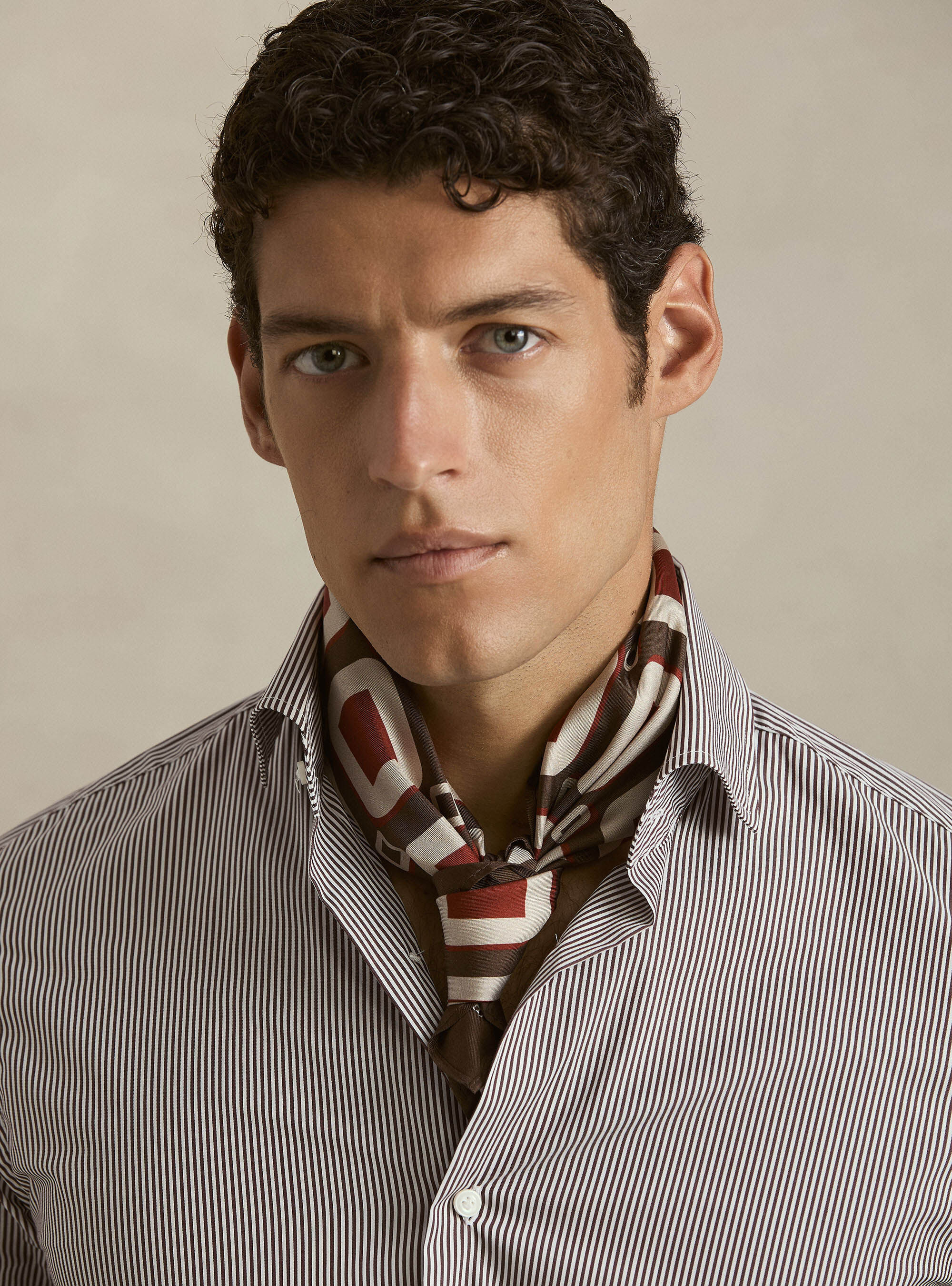 Striped cotton poplin stretch shirt, BROWN
