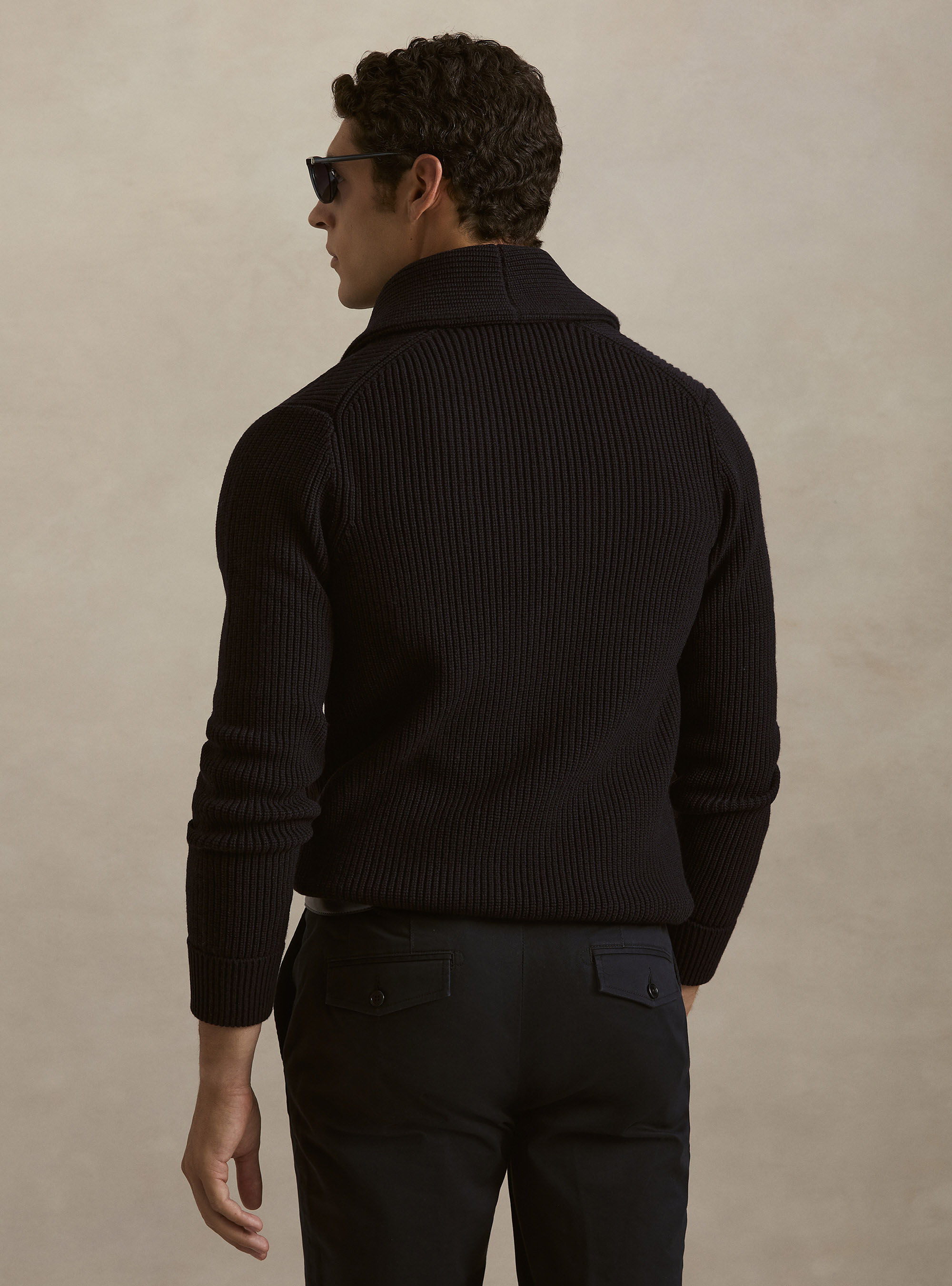 Merino wool shawl collar cardigan, NAVY BLUE