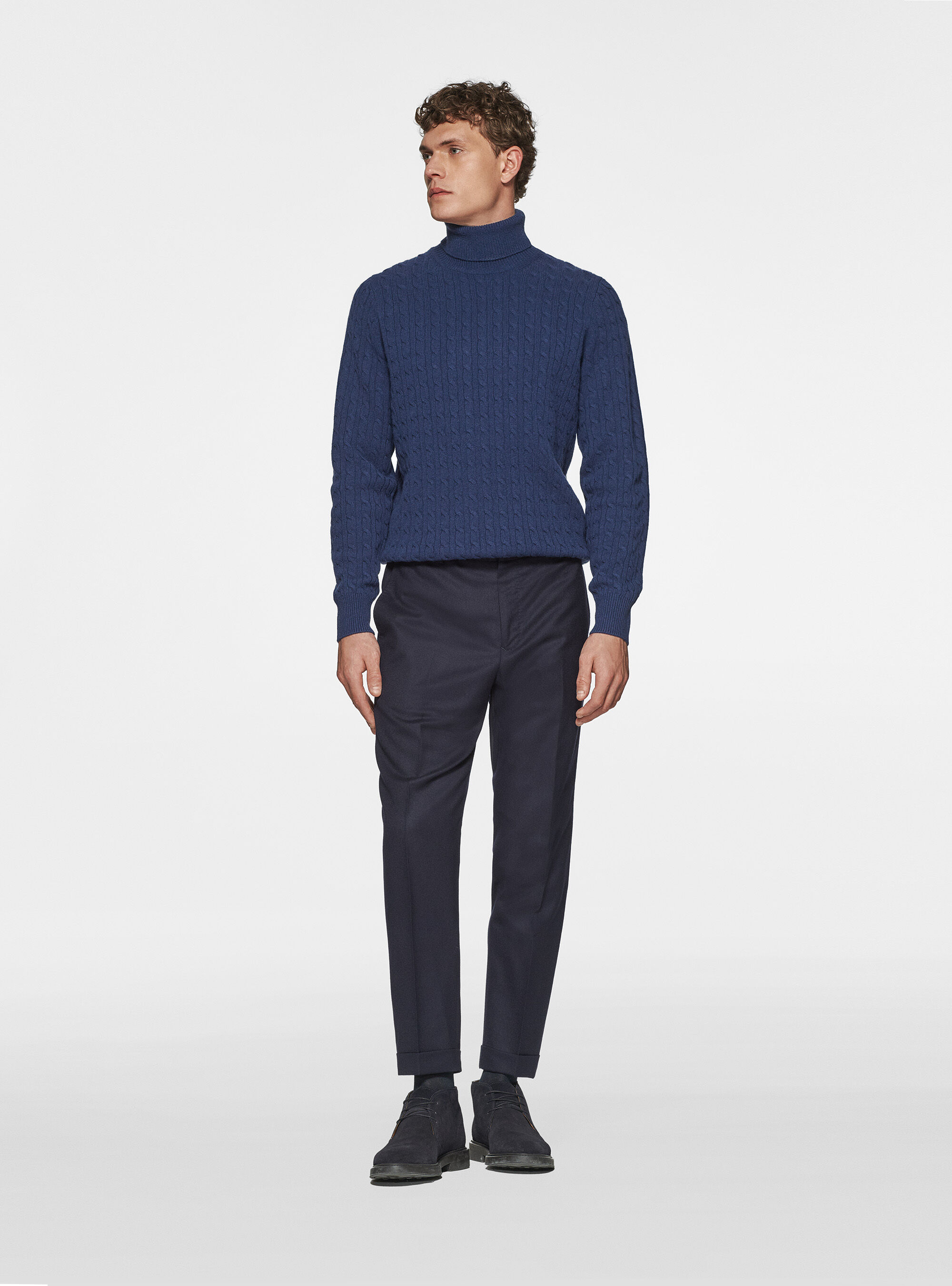 Maglia collo alto in lana cashmere con treccia, INCHIOSTRO