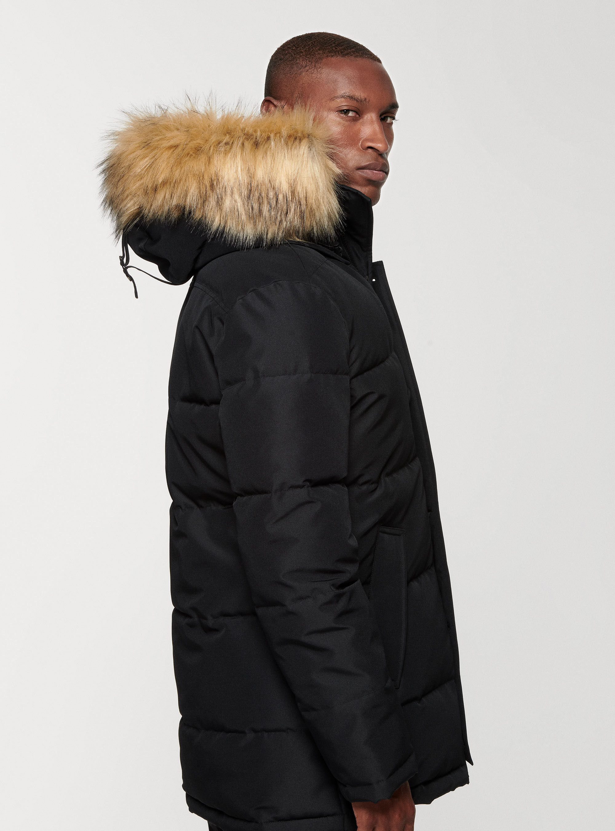 Grey padded top fur hood coat