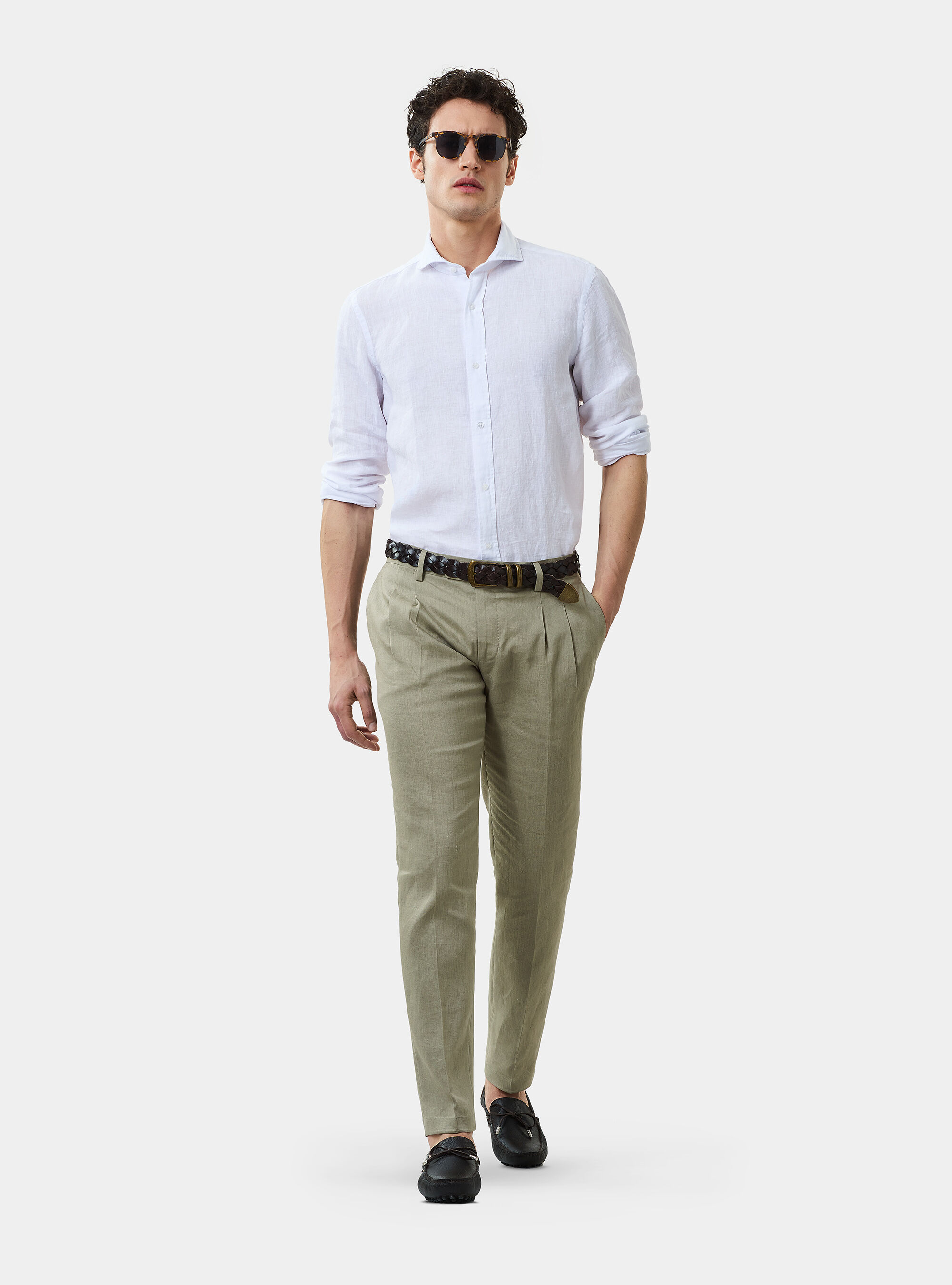 Camicia slim 100% lino delav&egrave;, BIANCO