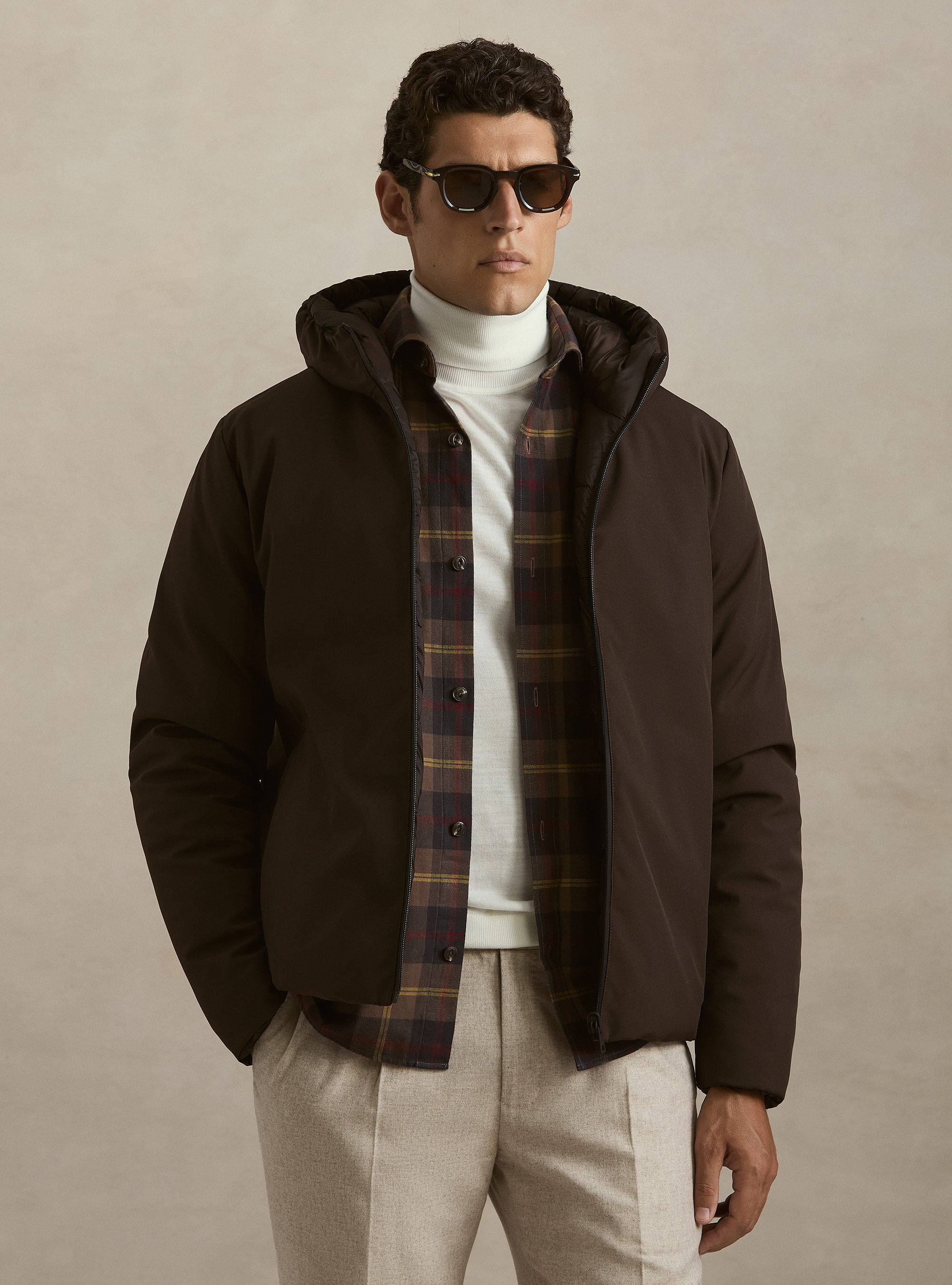 Reversible hooded bomber jacket