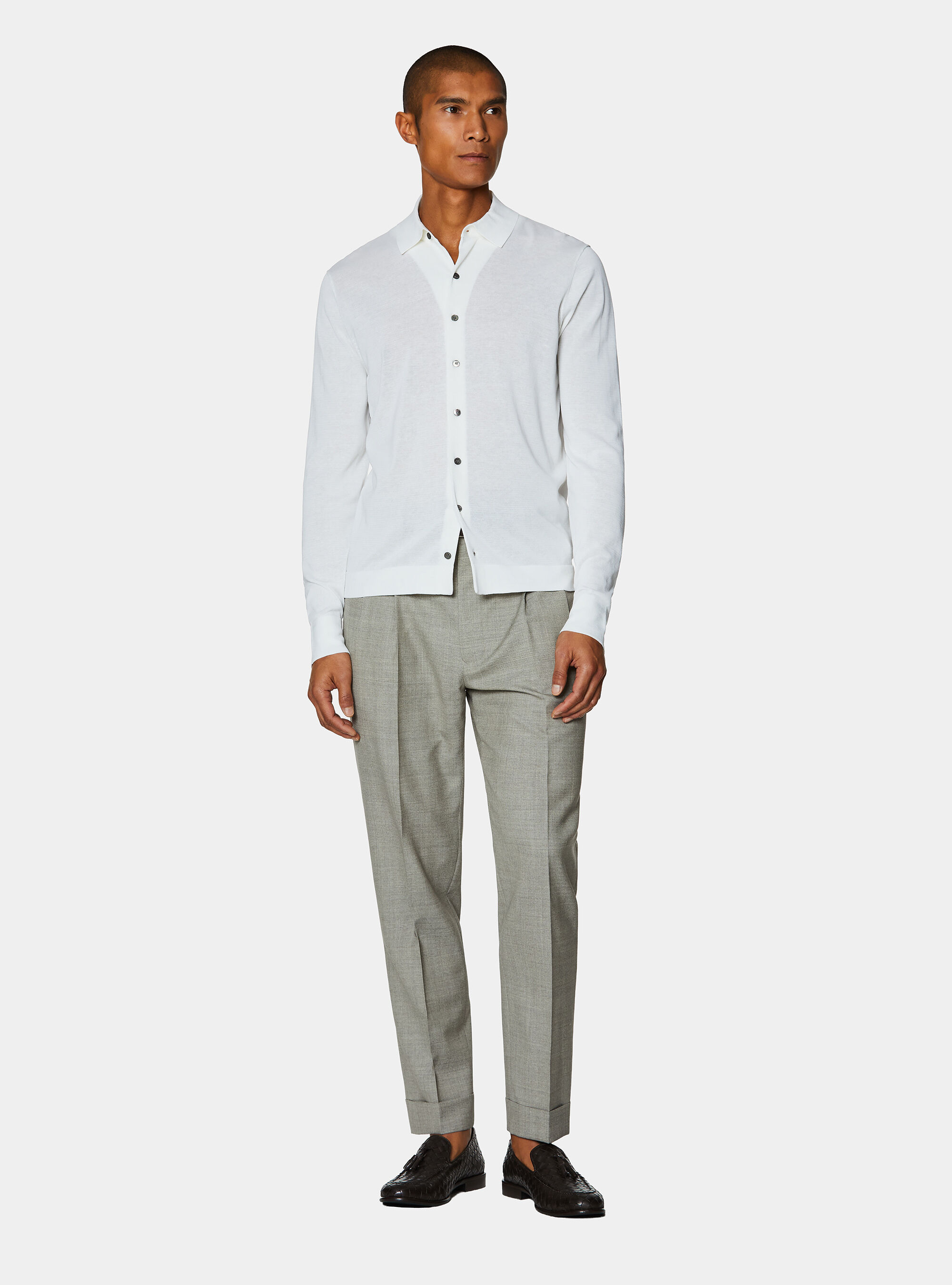 Polo camicia in cotone e seta, BIANCO