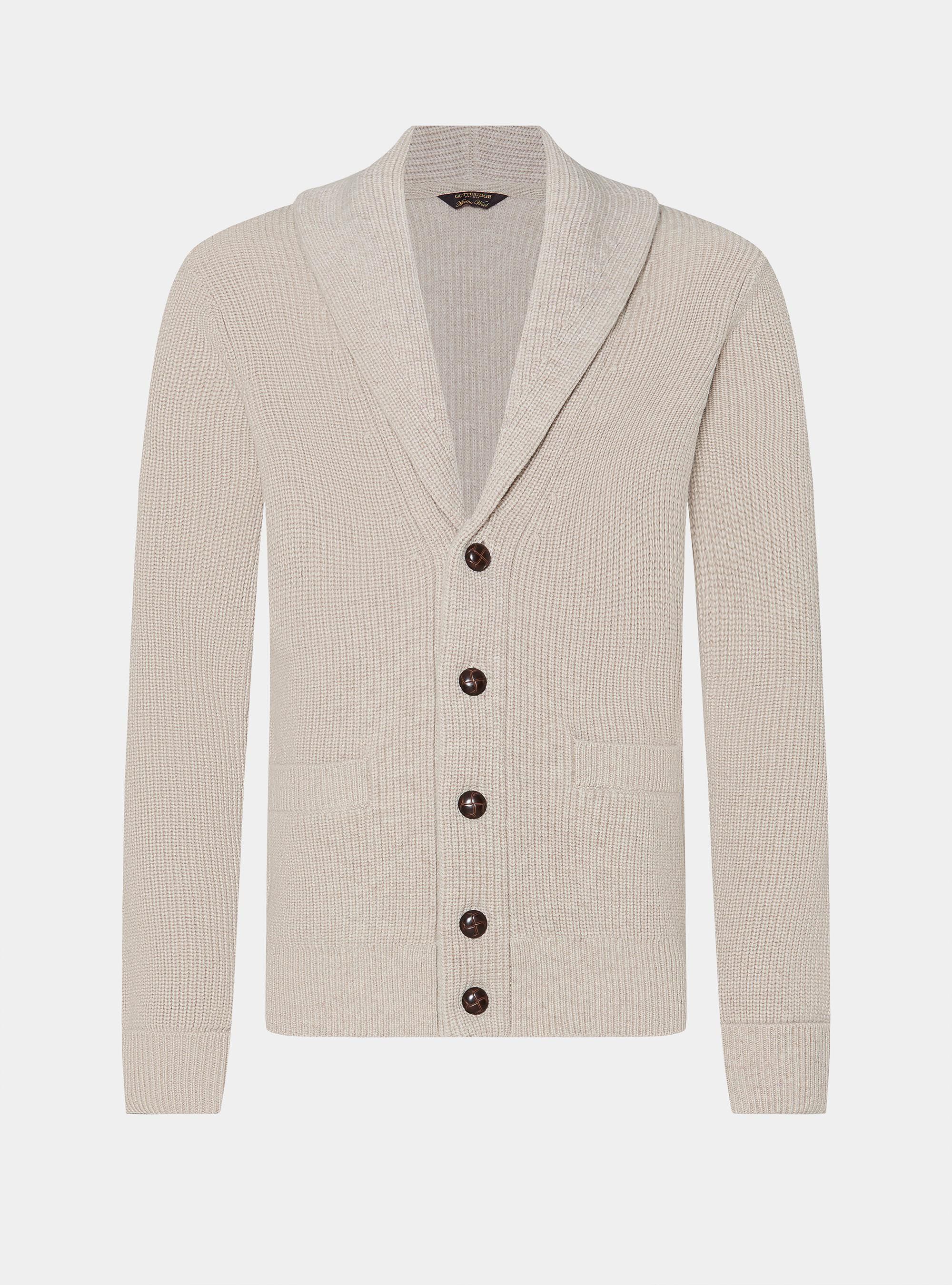 Merino wool shawl collar cardigan, ECRU