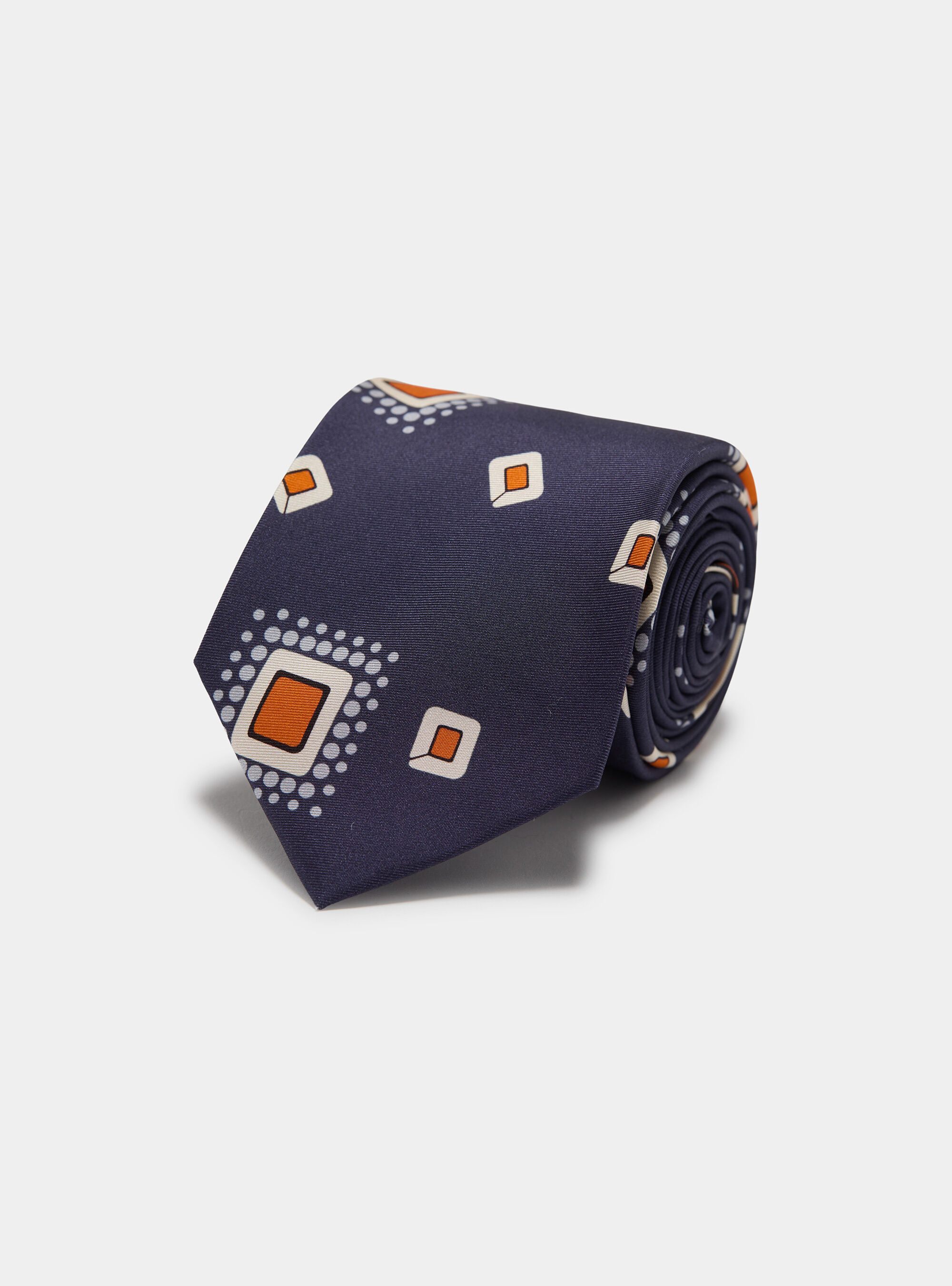 Silk twill tie with geometric print, NAVY BLUE
