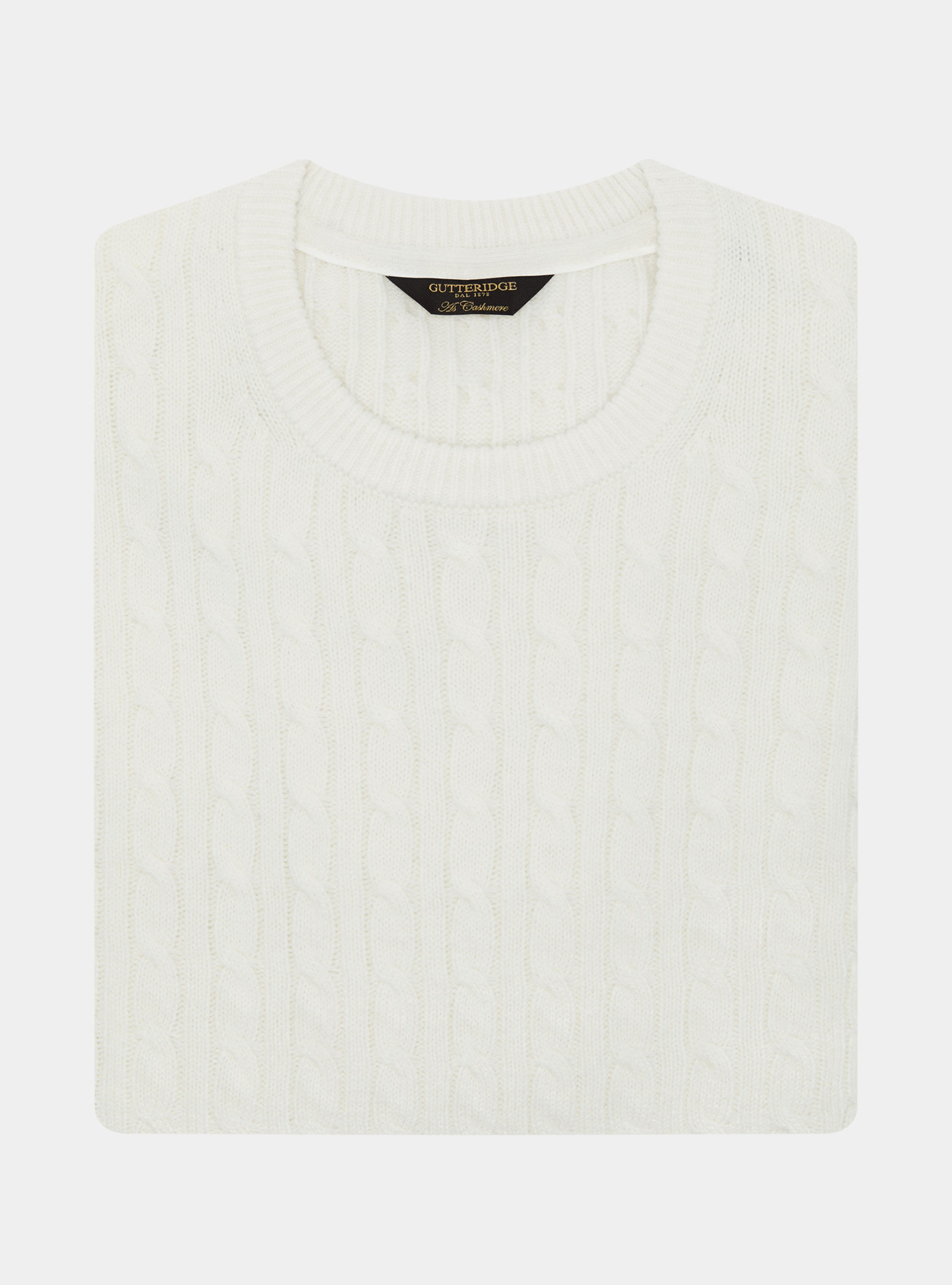 Girocollo in maglia con treccia in lana cashmere, BIANCO
