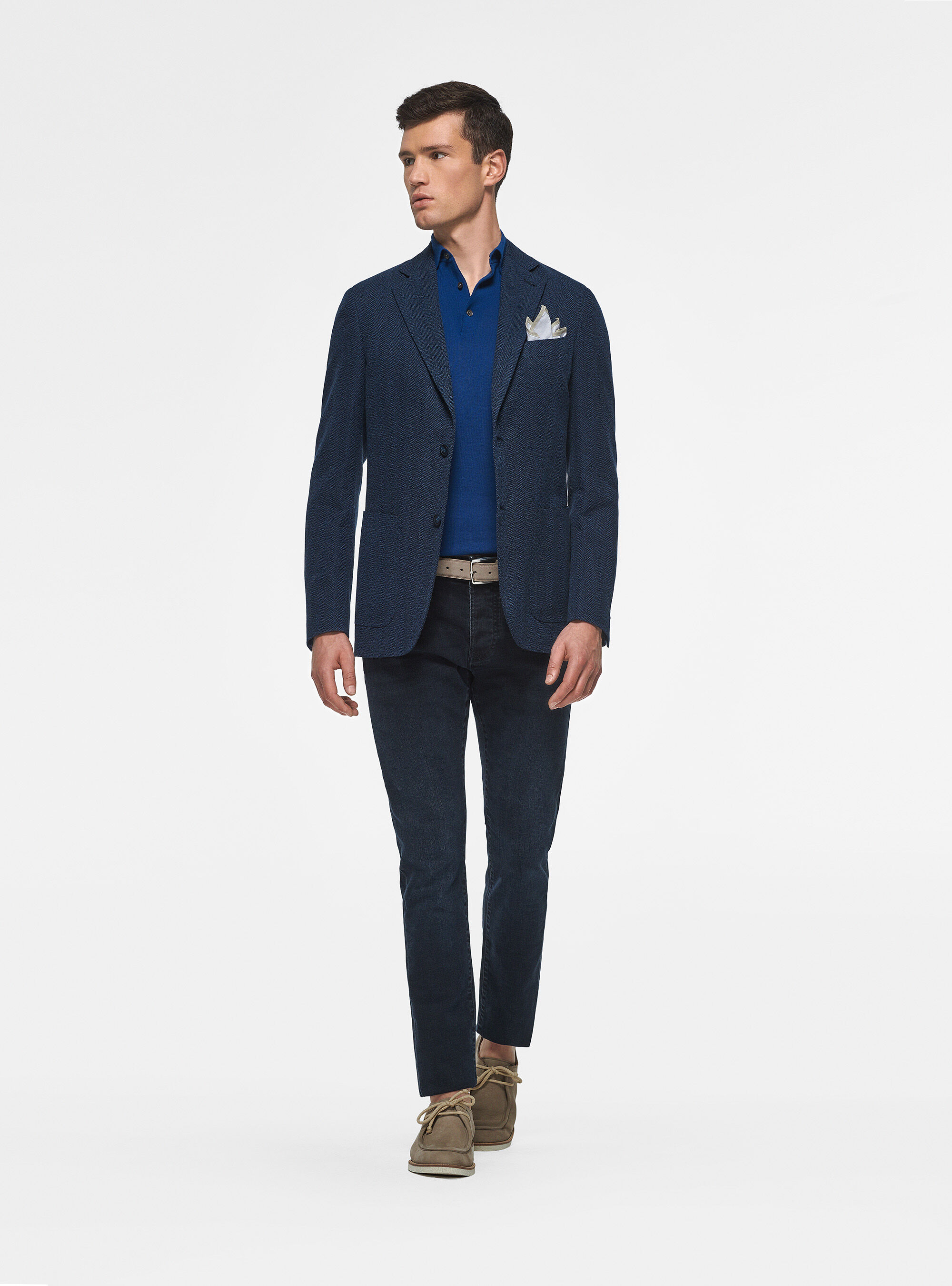 Giacca in cotone e lino spigato, BLU SCURO