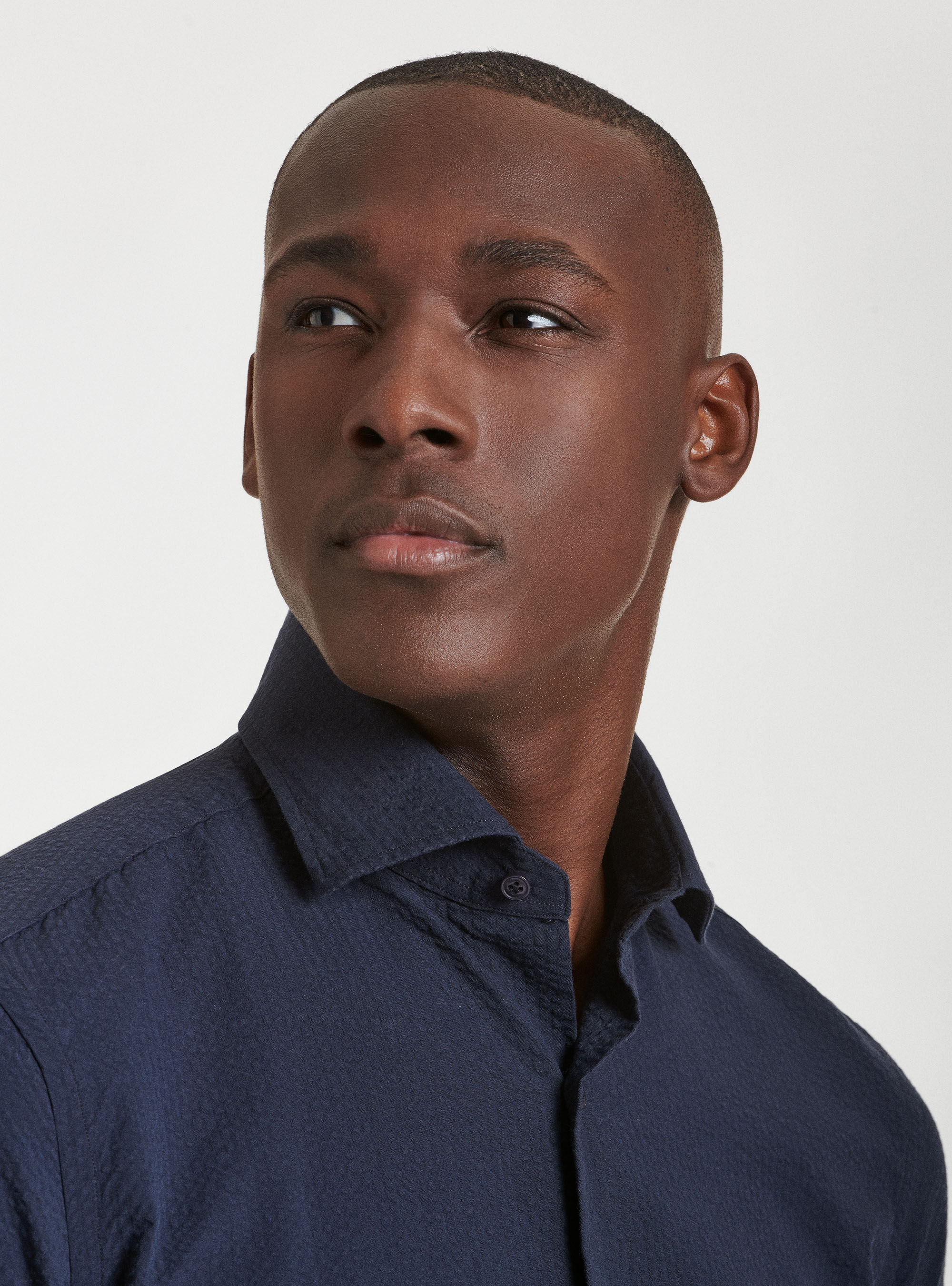Camicia collo semi francese in cotone seersucker, BLU NAVY
