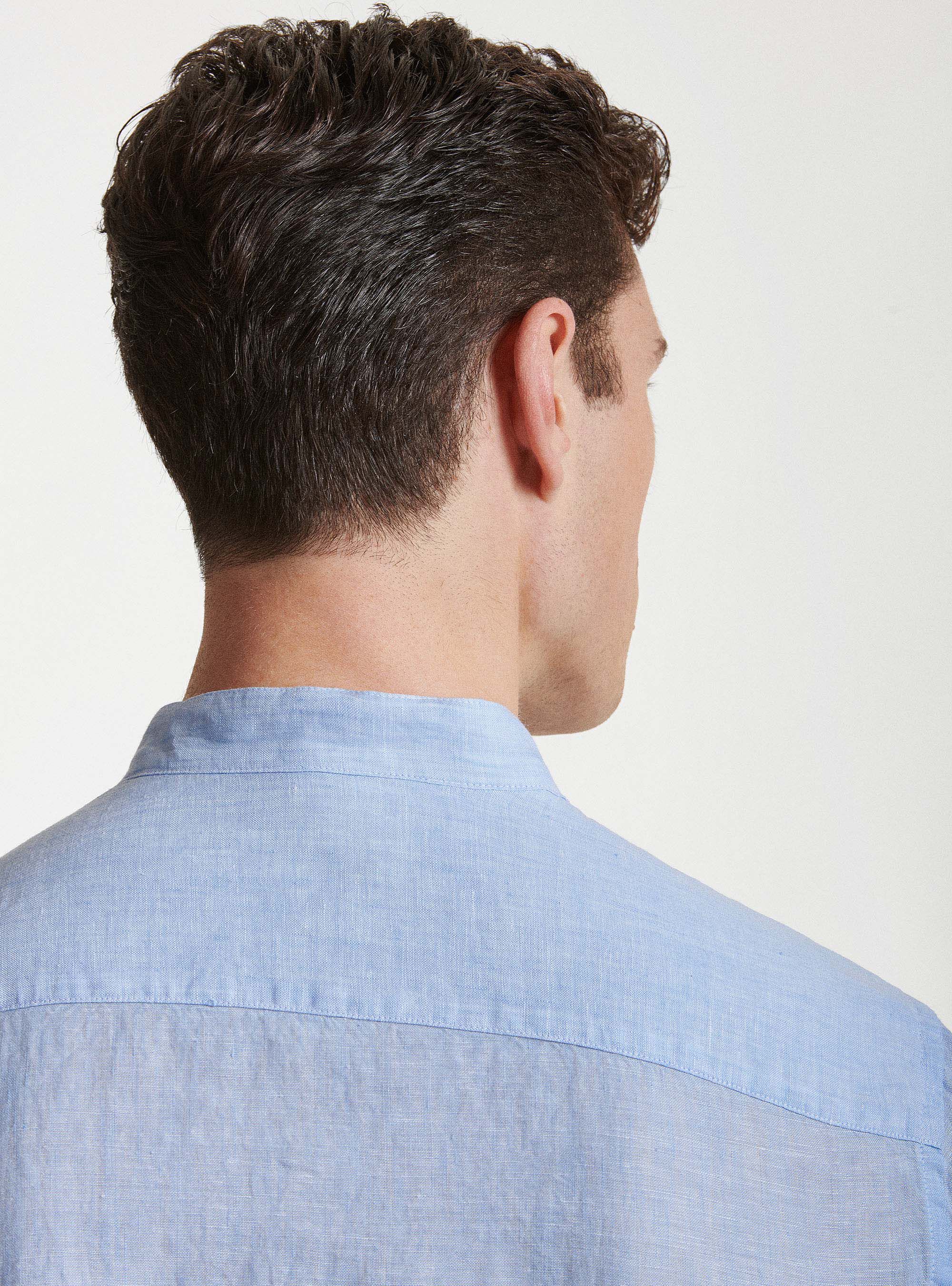 Camicia collo coreano in puro lino, AZZURRO