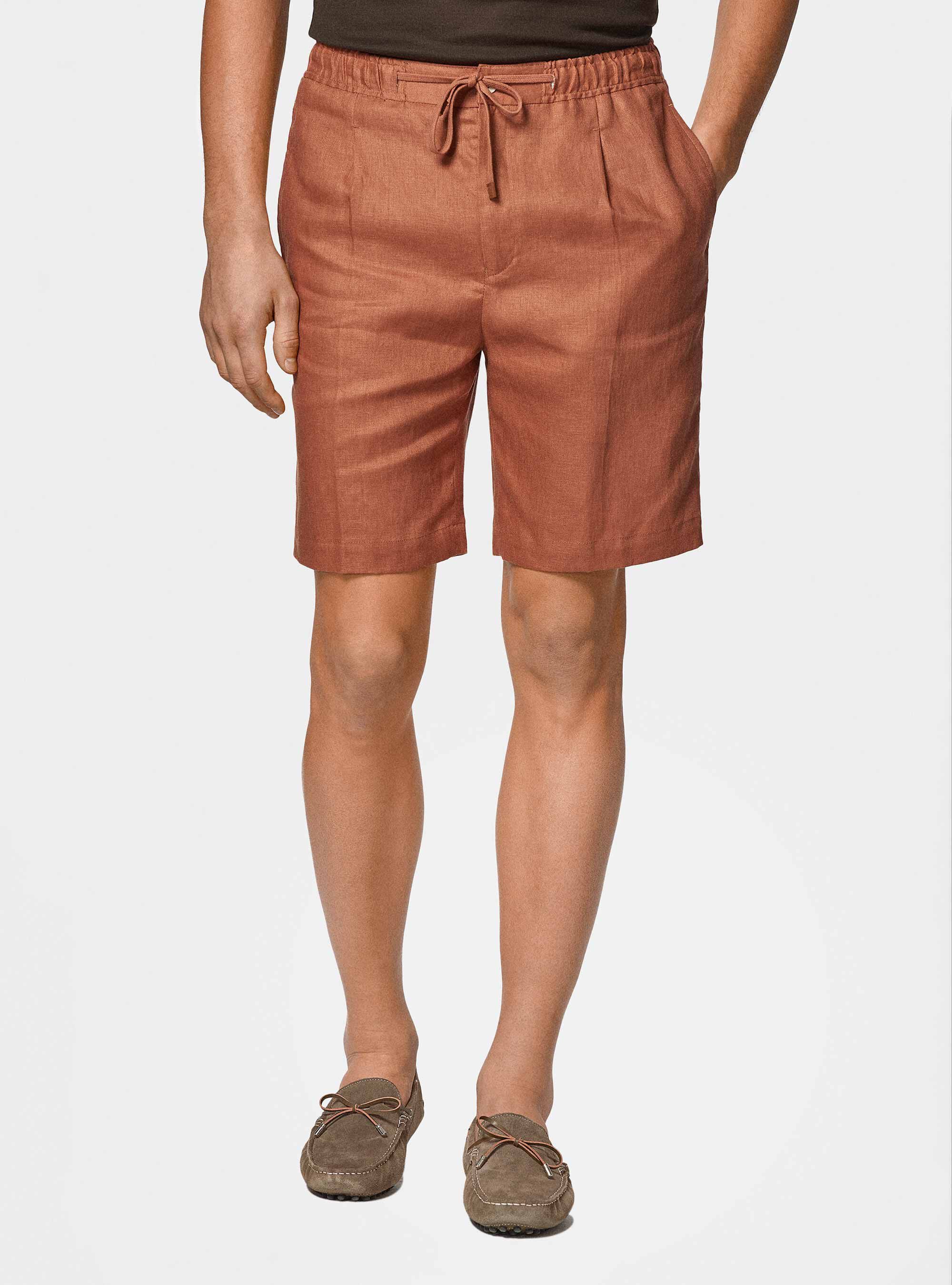 Bermudas de lino puro con banda el&aacute;stica, ROSA SALMONE 0468C