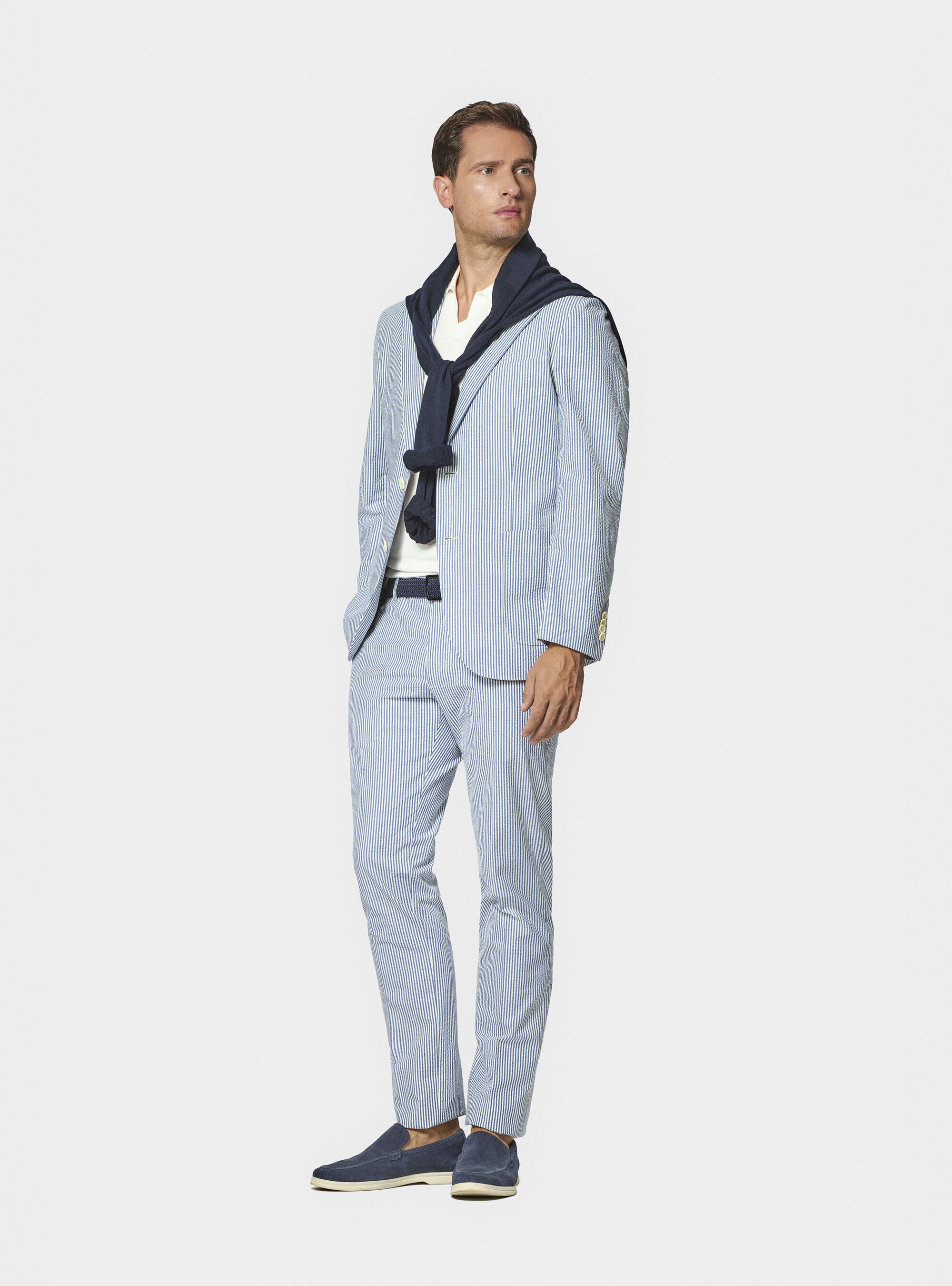 Giacca rigata in cotone seersucker, BLU