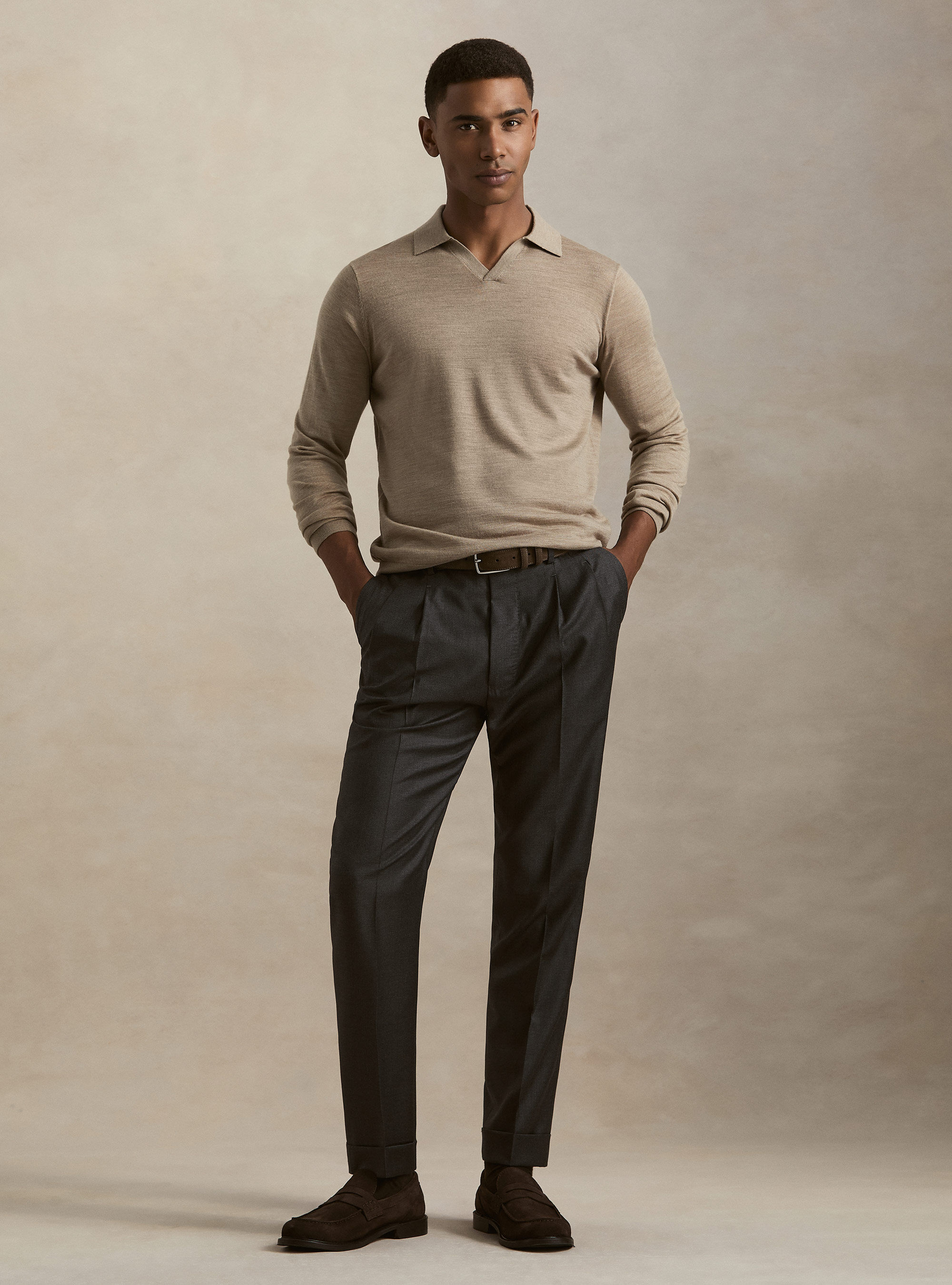Polo collo senza bottoni in maglia lana merino