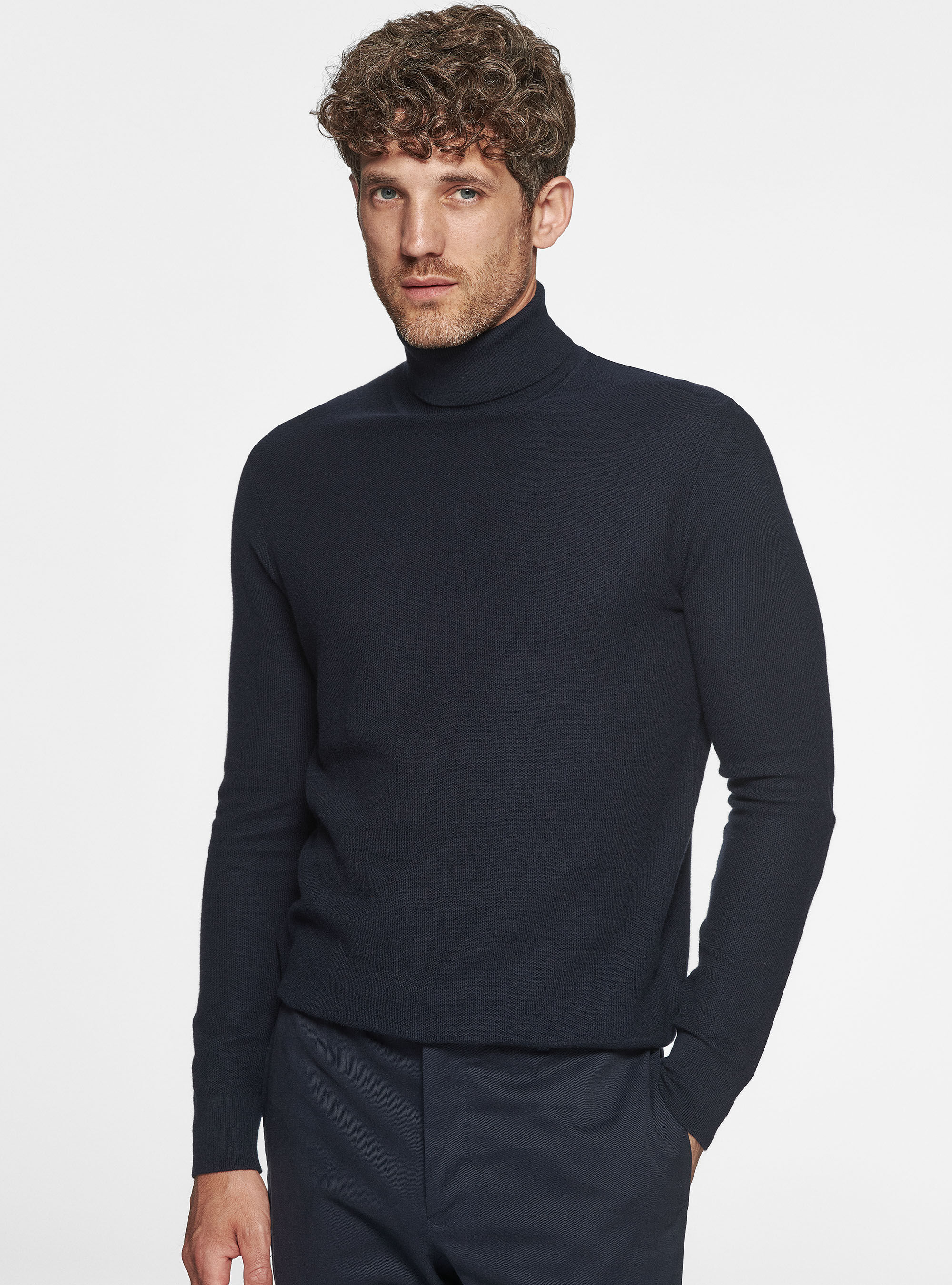 Cotton cashmere honeycomb turtleneck, NAVY BLUE