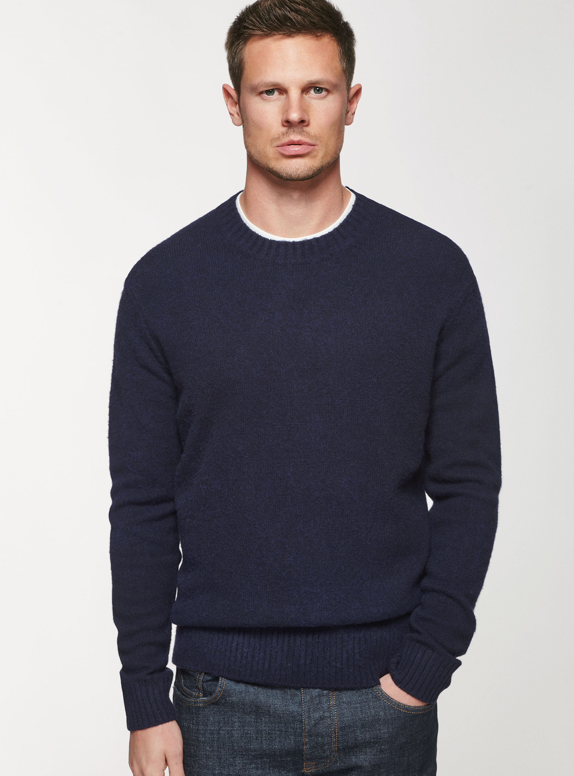 Maglia girocollo in lana brushed, BLU NAVY