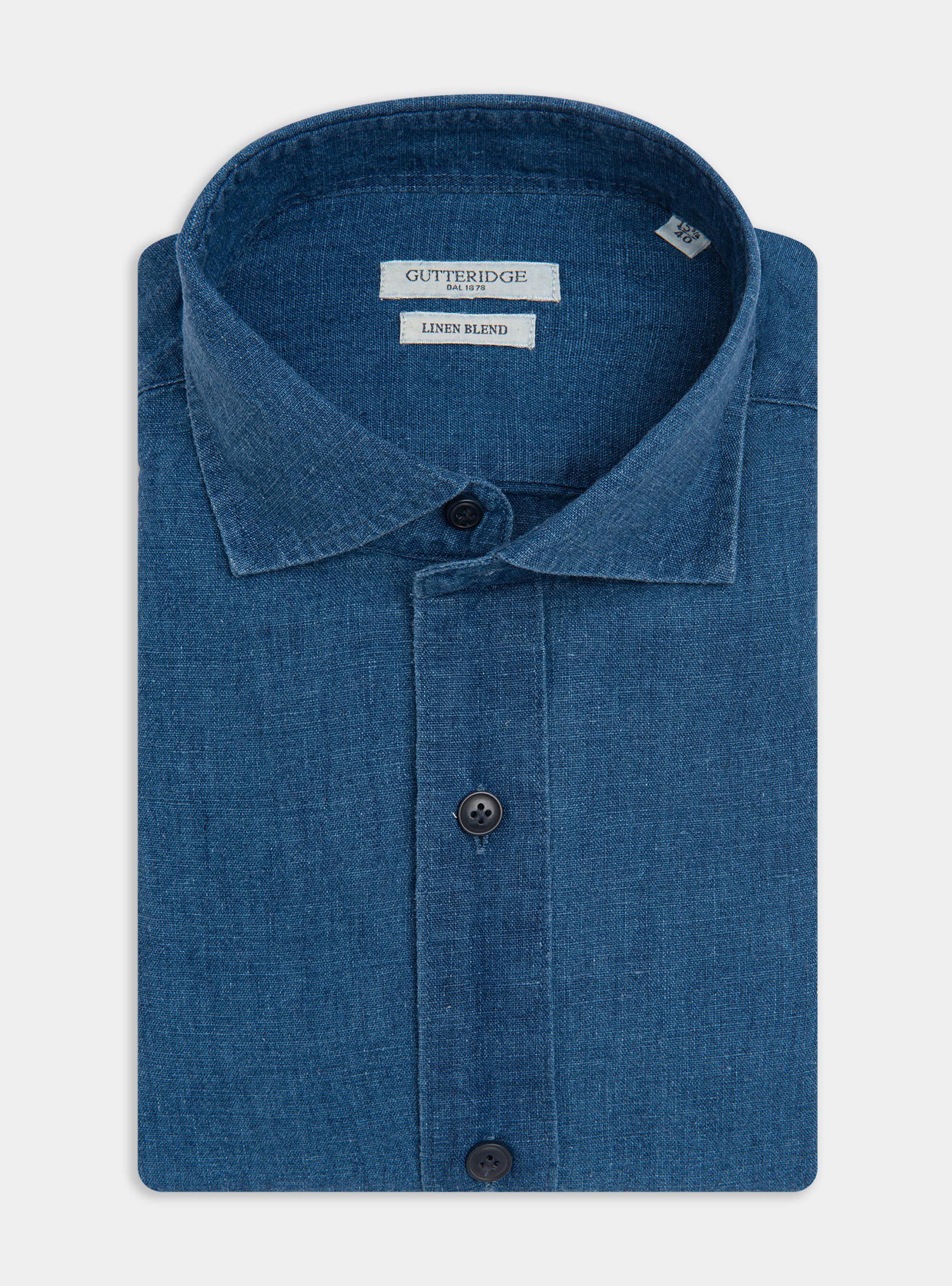 Hemd mit halb-franz&ouml;sischem Kragen aus Leinen-Baumwolle, BLUE 0241C