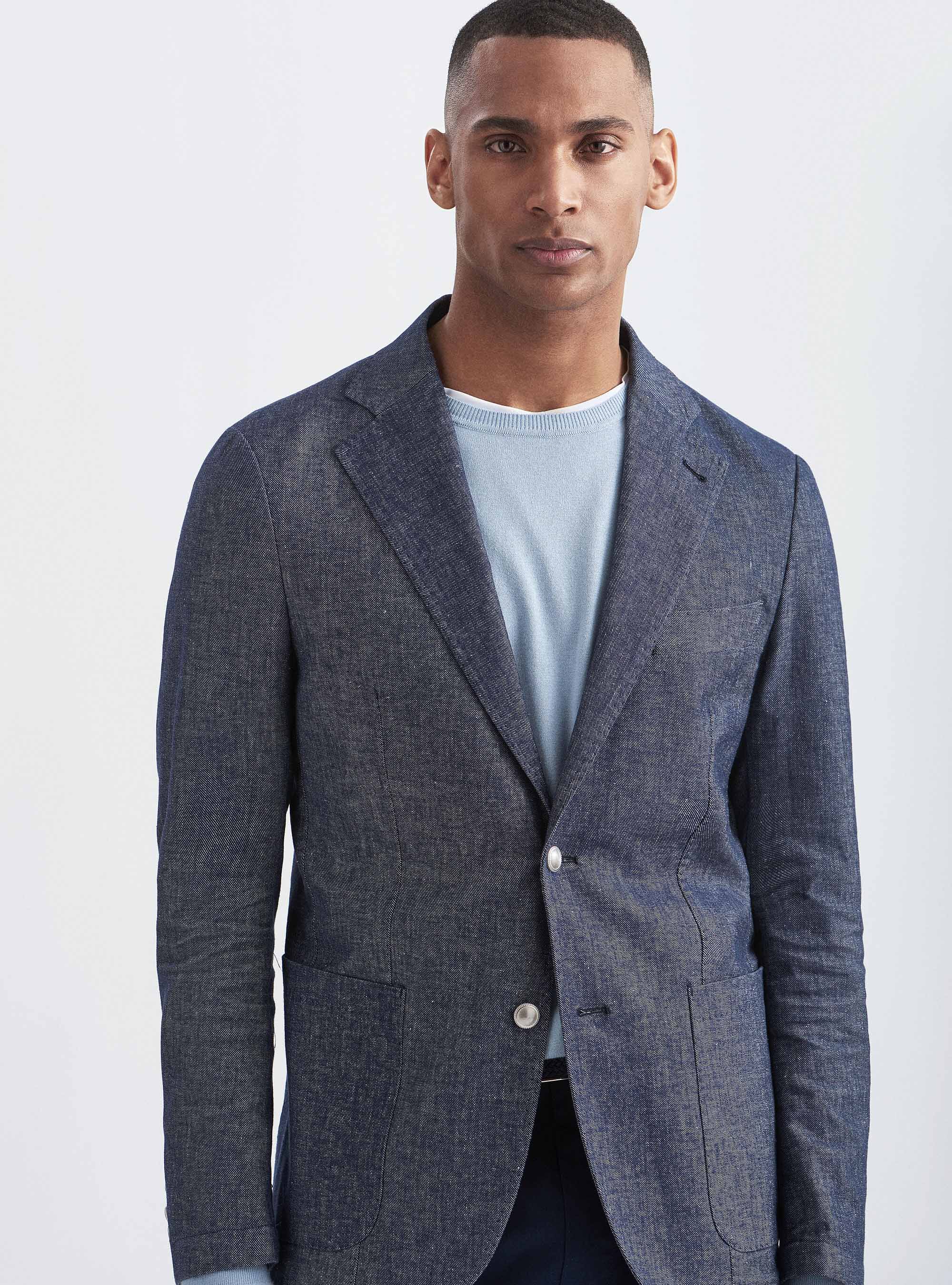 Giacca cotone e lino effetto denim, BLU NAVY