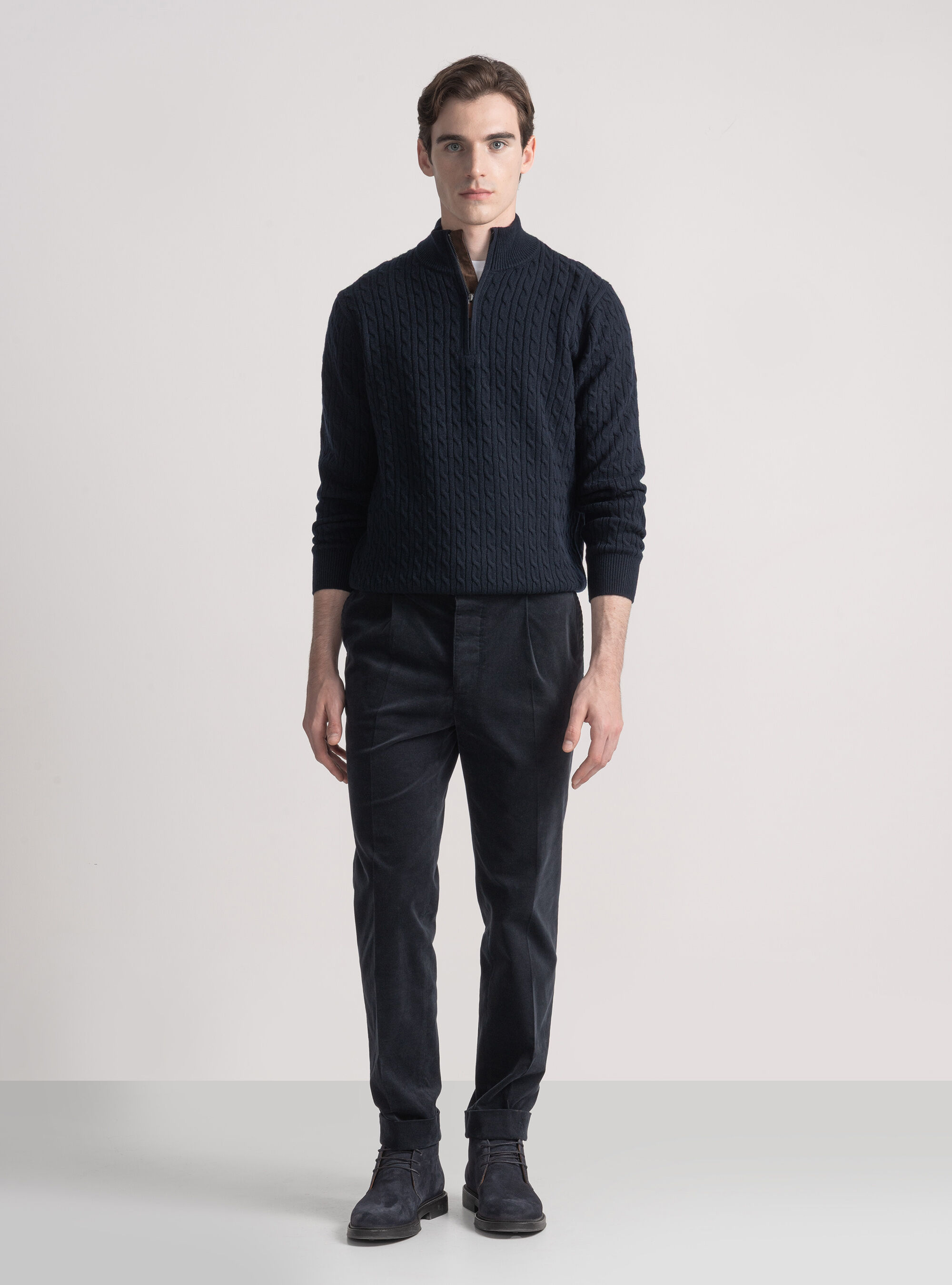 Maglia con collo mock e treccia in misto lana, BLU NAVY