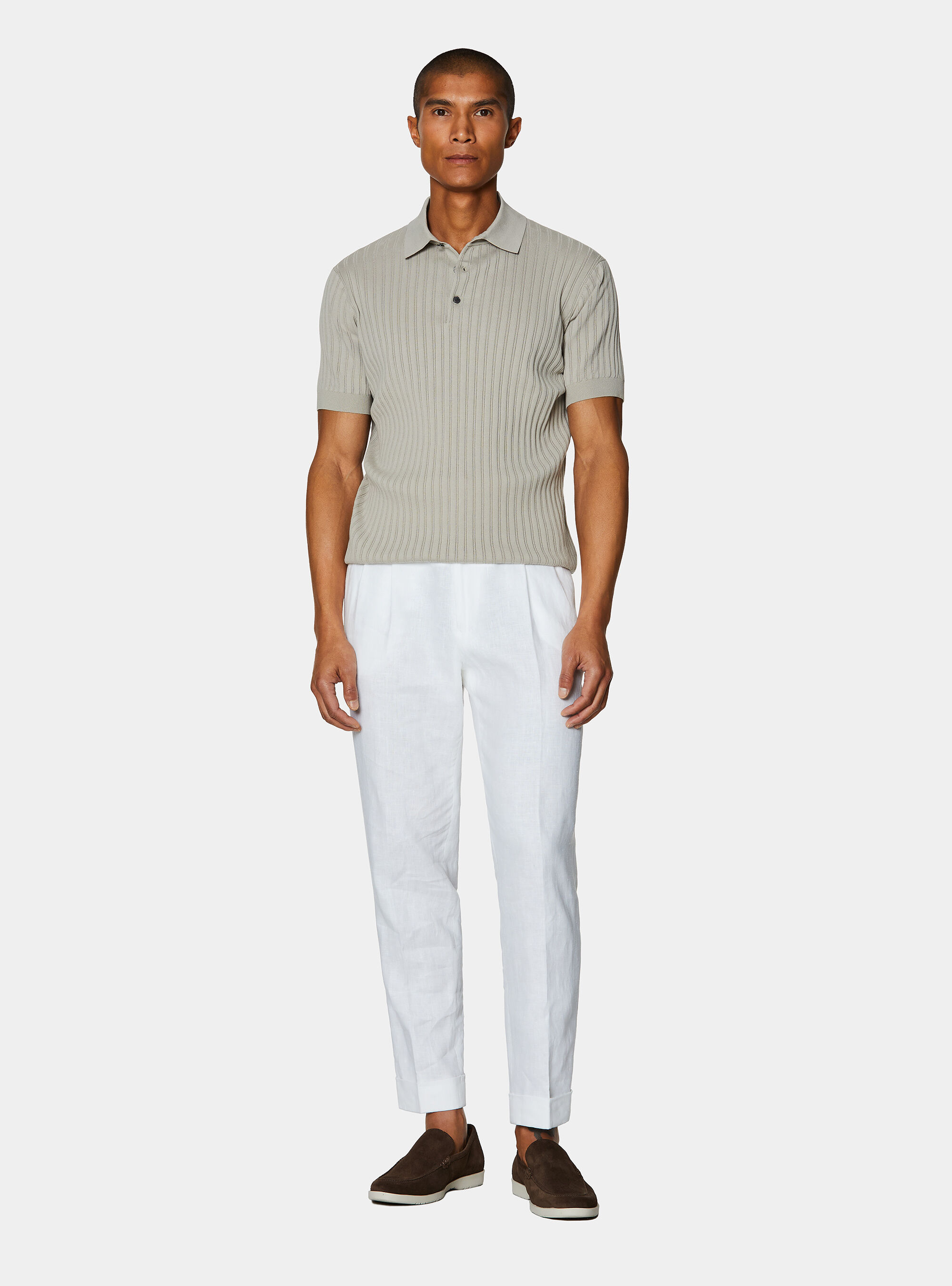 Extra-fine cotton knit polo shirt with openwork ribbing