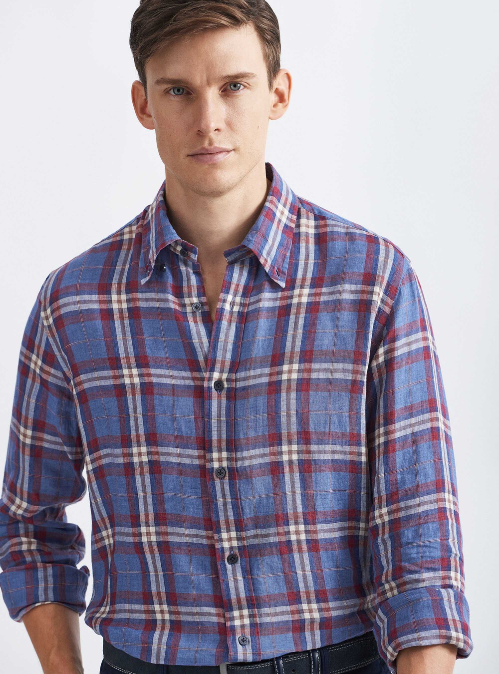 Button-down collar shirt in linen madras | GutteridgeUS | Shirts Uomo