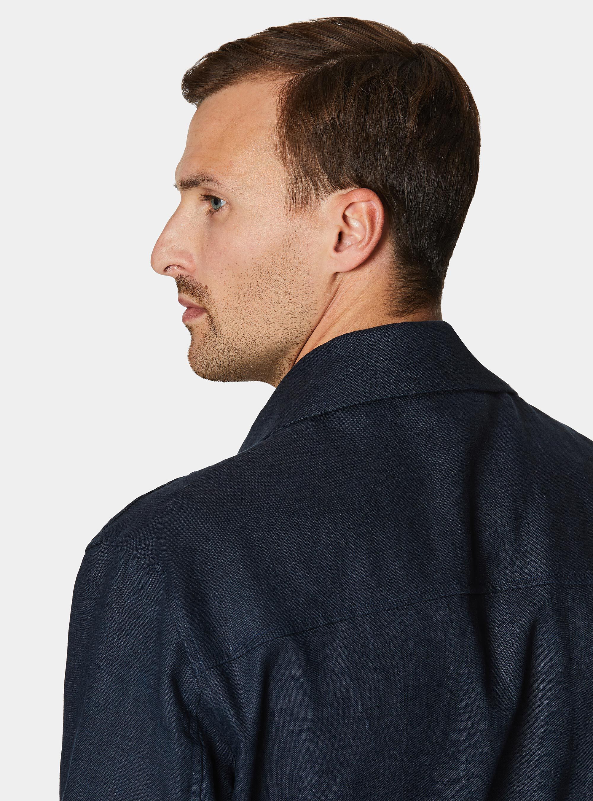 Veste chemise en pur lin avec cordon de serrage, BLEU MARINE