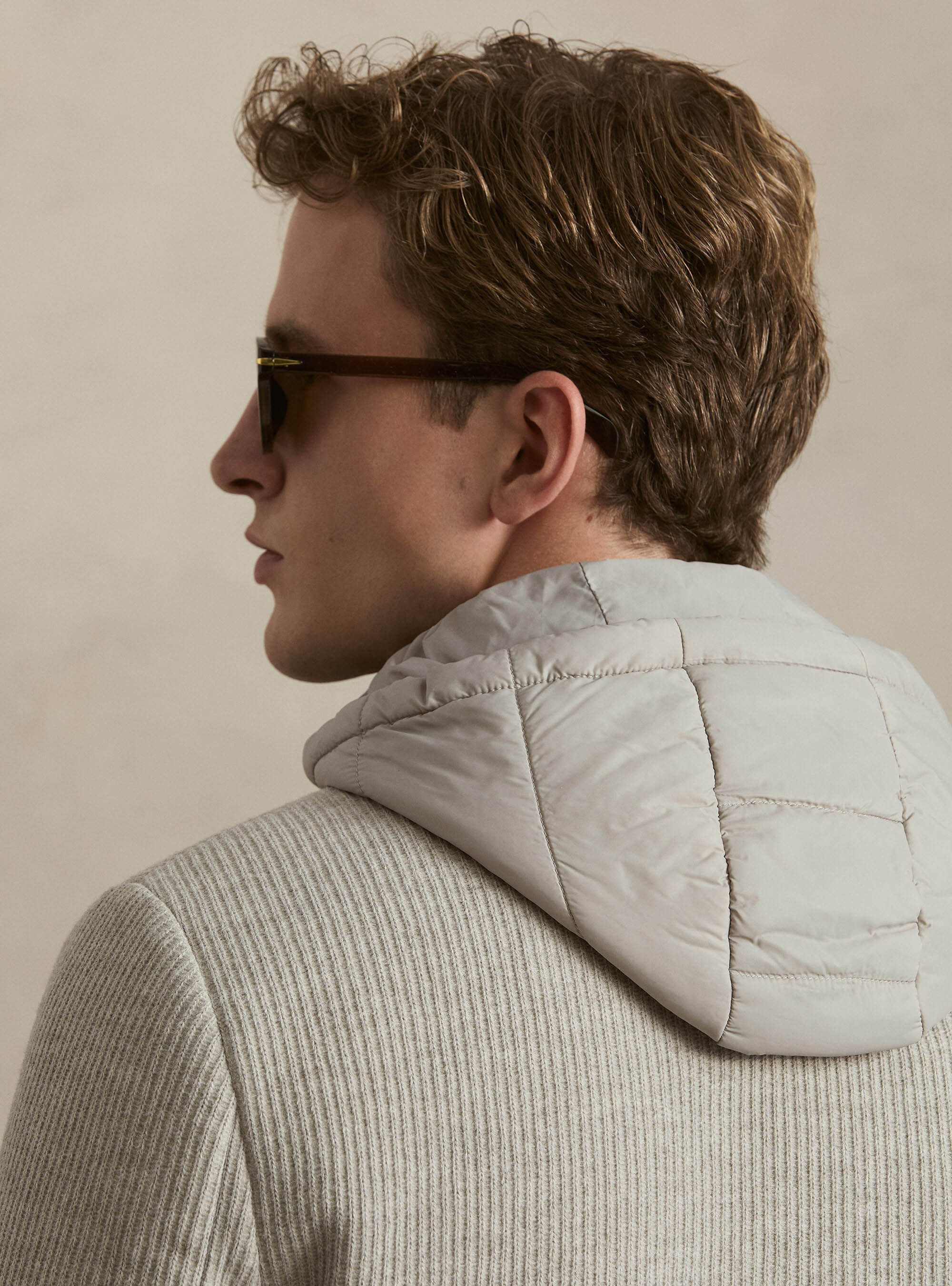 Double-breasted ribbed jacket with removable bib and hood, ECRU